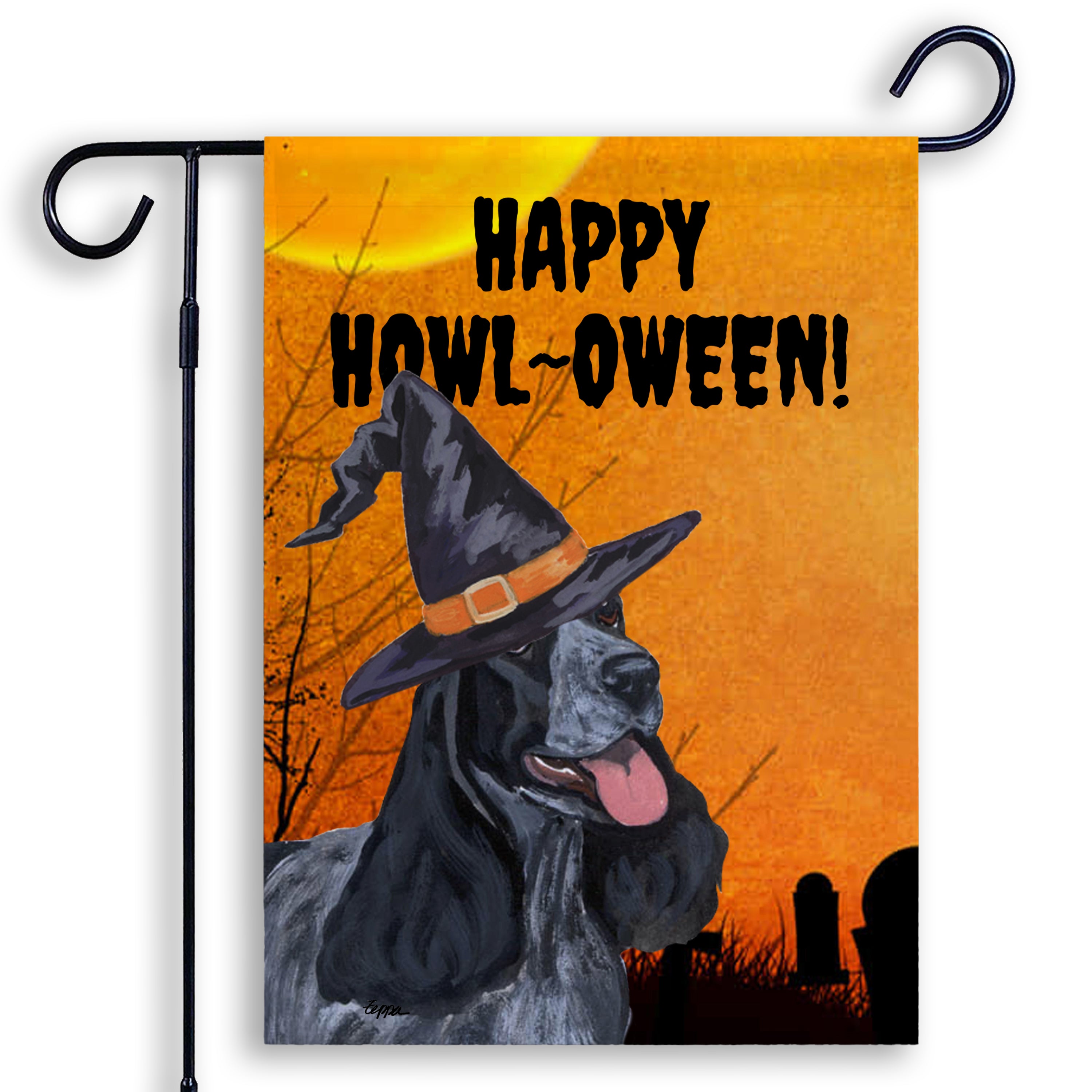 Halloween-themed garden flag with an English Cocker wearing a witch hat and 'Happy Howl-Oween!' text on an orange background.