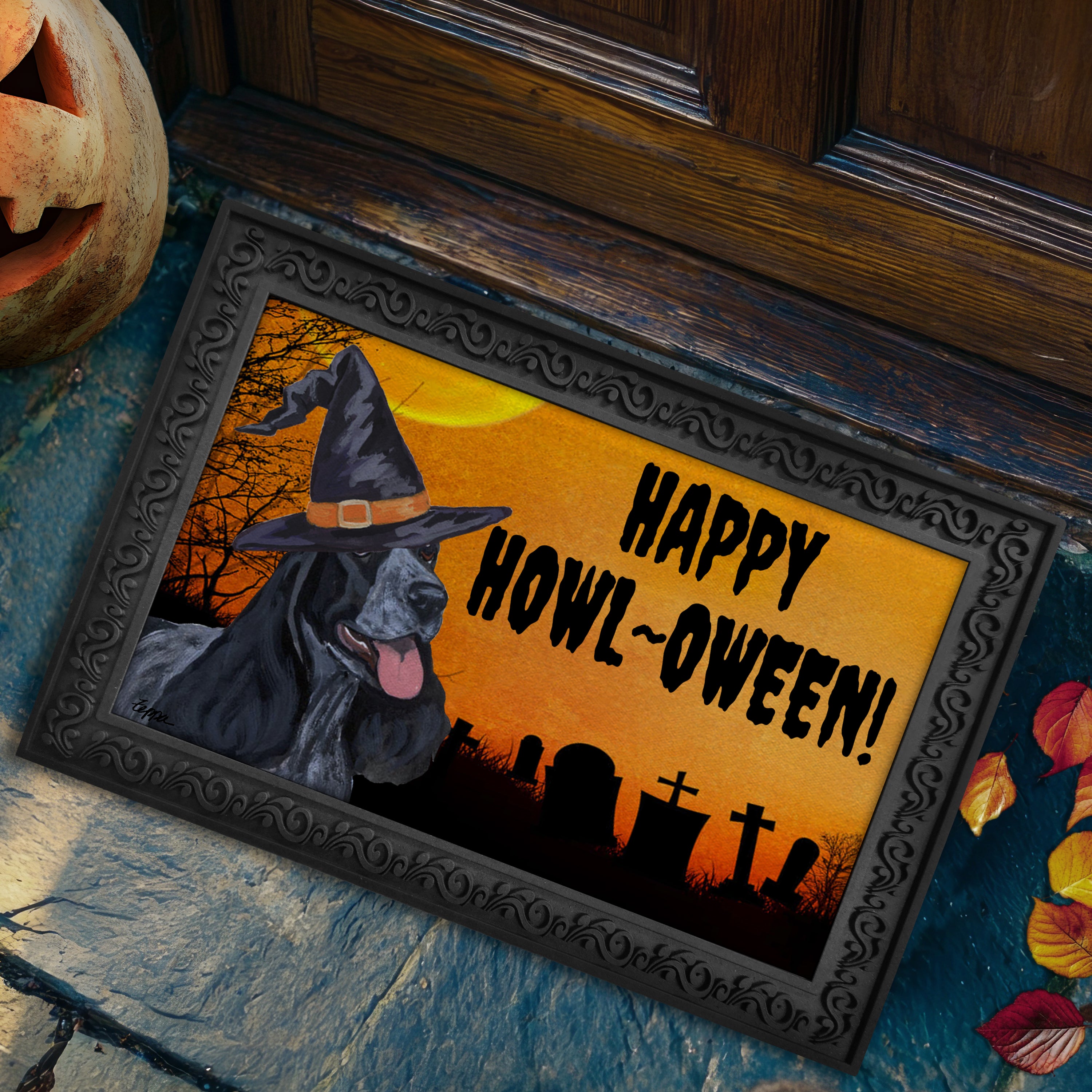 Halloween-themed doormat with a English Cocker Spaniel wearing a witch hat and 'Happy Howl-Oween!' text on a doorstep.