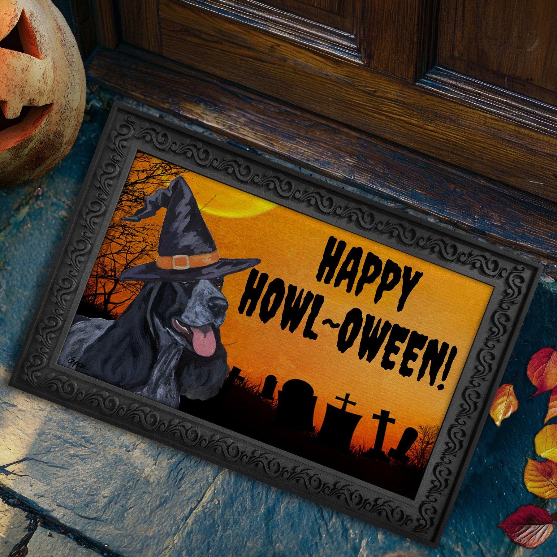 Halloween-themed doormat with a English Cocker Spaniel wearing a witch hat and 'Happy Howl-Oween!' text on a doorstep.