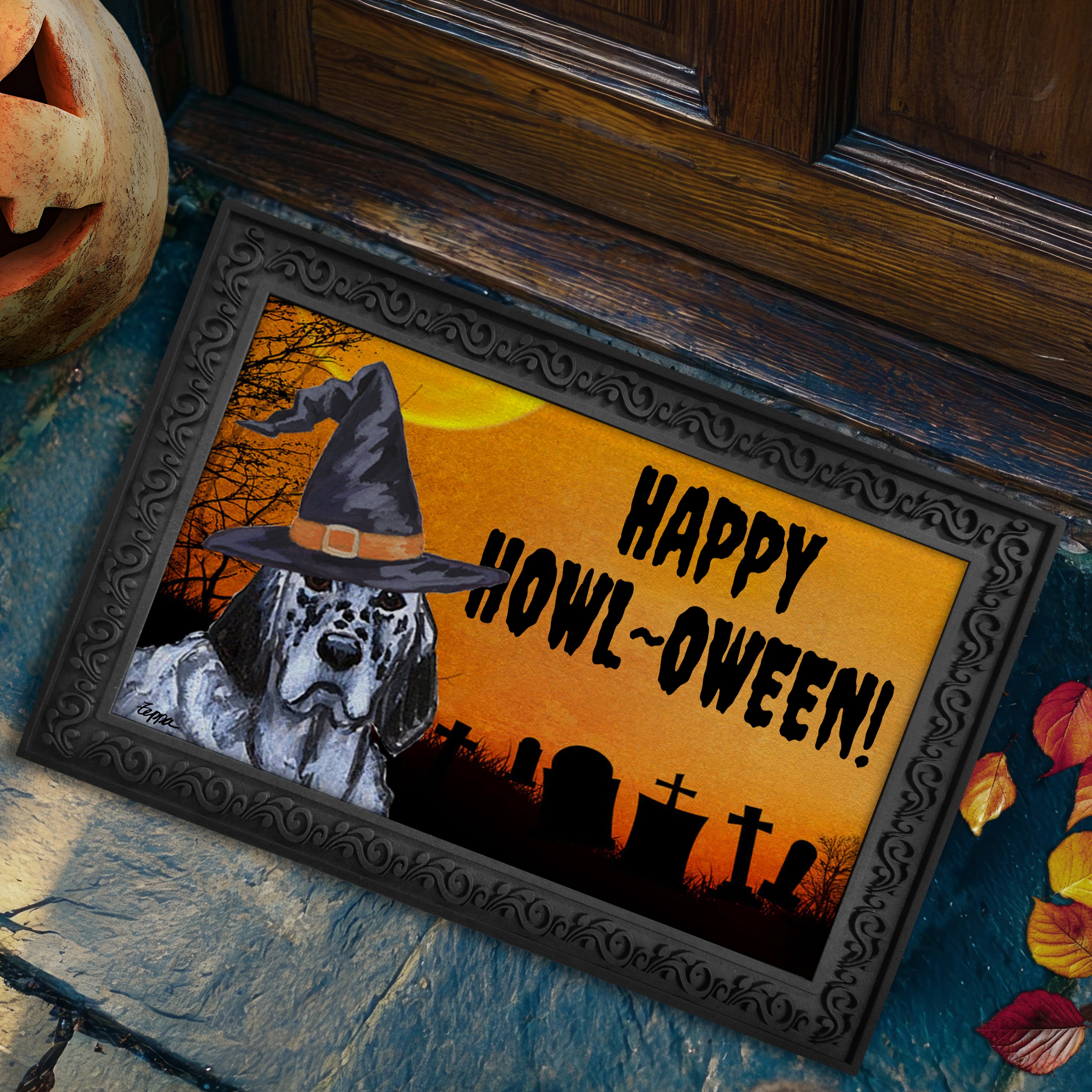 Halloween-themed doormat with a English Setter wearing a witch hat and 'Happy Howl-Oween!' text on a doorstep.