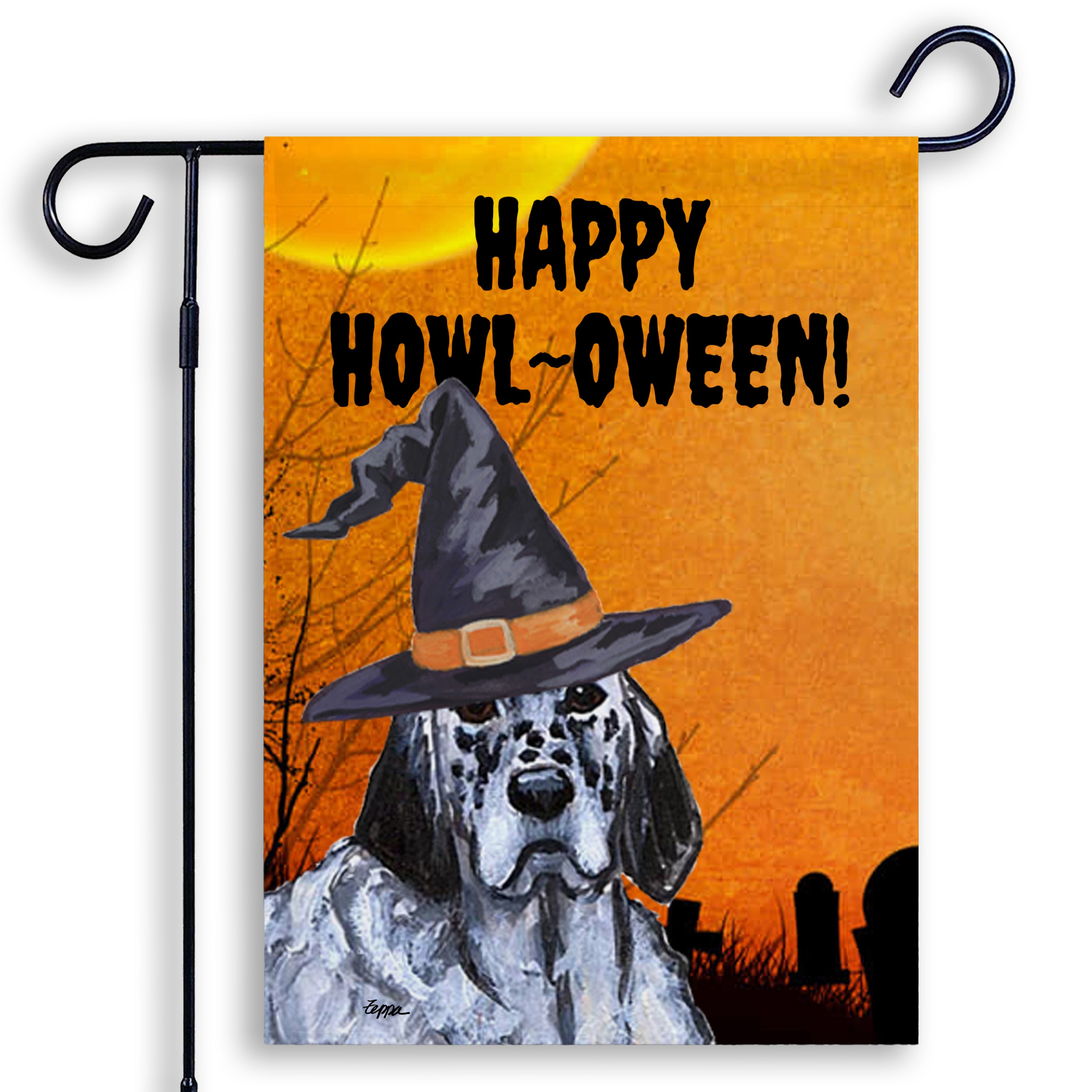 Halloween-themed garden flag with an English Setter wearing a witch hat and 'Happy Howl-Oween!' text on an orange background.