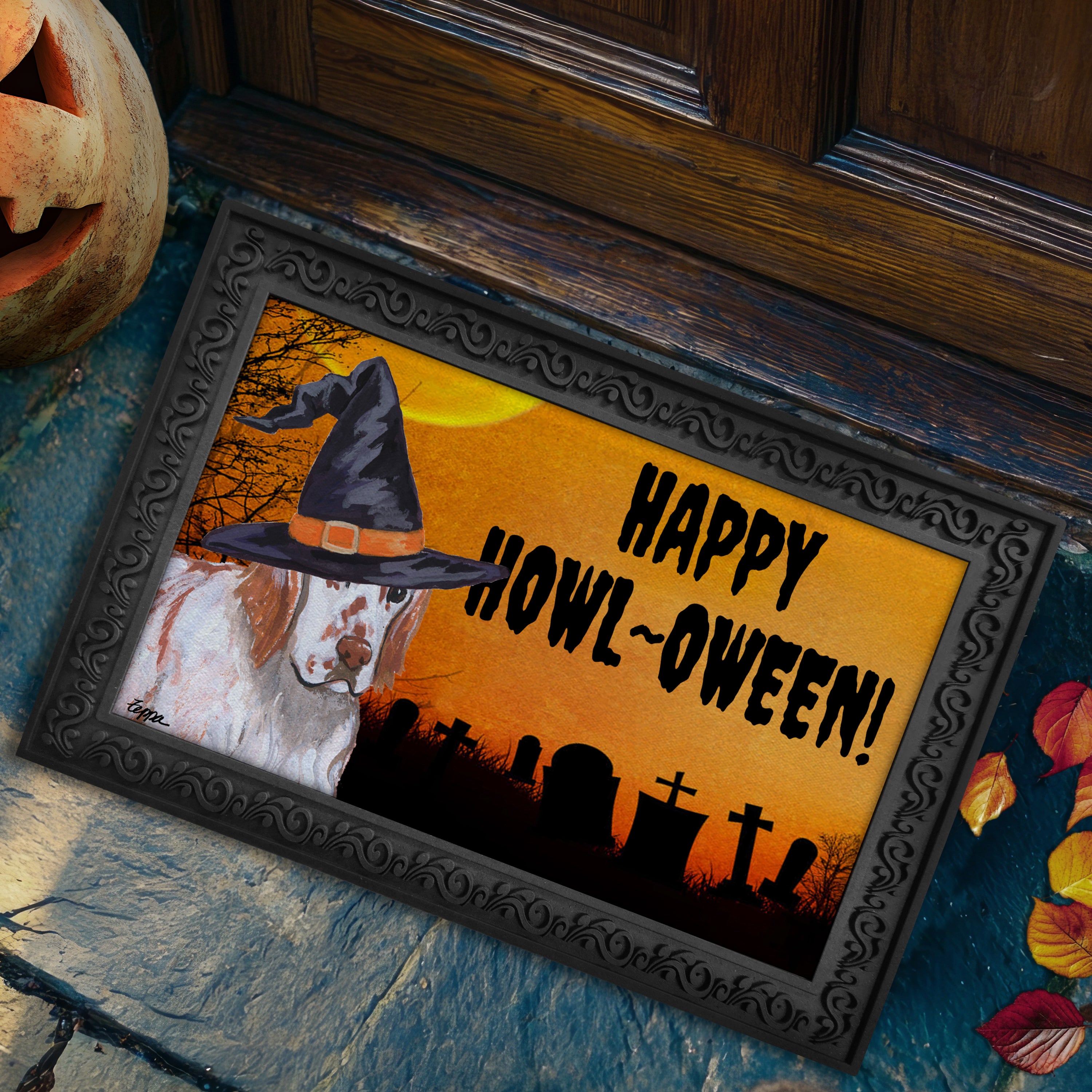 Halloween-themed doormat with a English Setter wearing a witch hat and 'Happy Howl-Oween!' text on a doorstep.