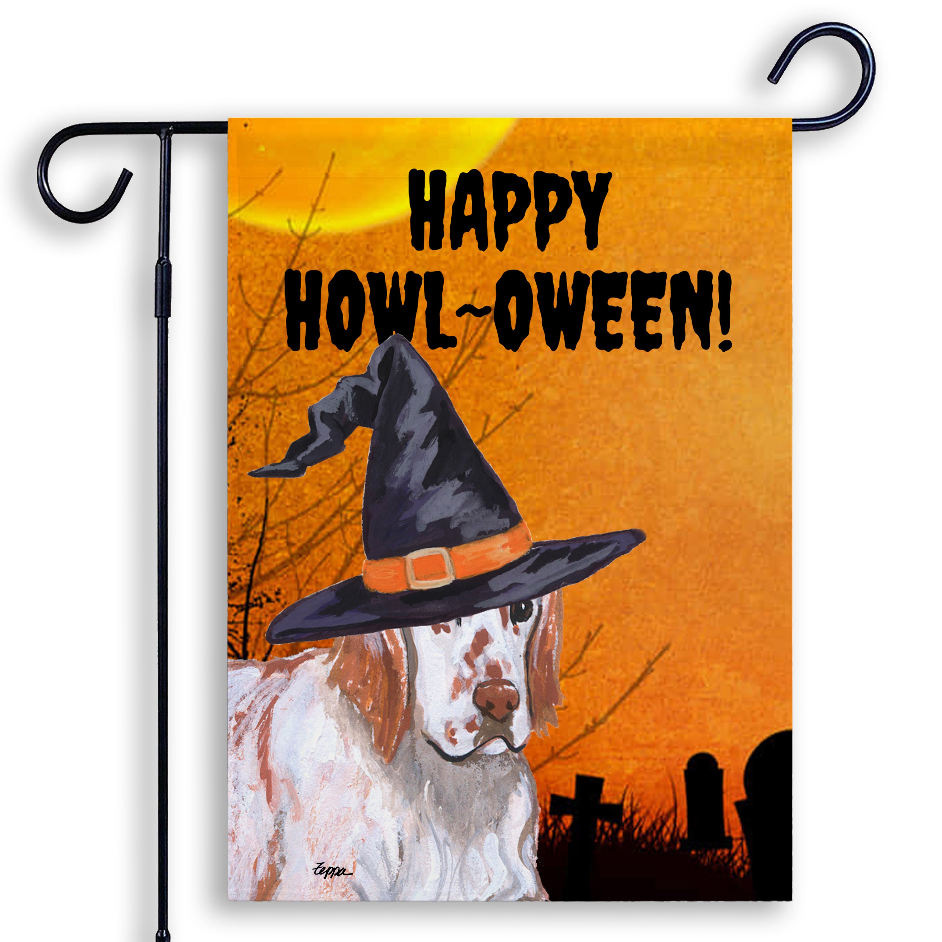 Halloween-themed garden flag with an English Setter wearing a witch hat and 'Happy Howl-Oween!' text on an orange background.