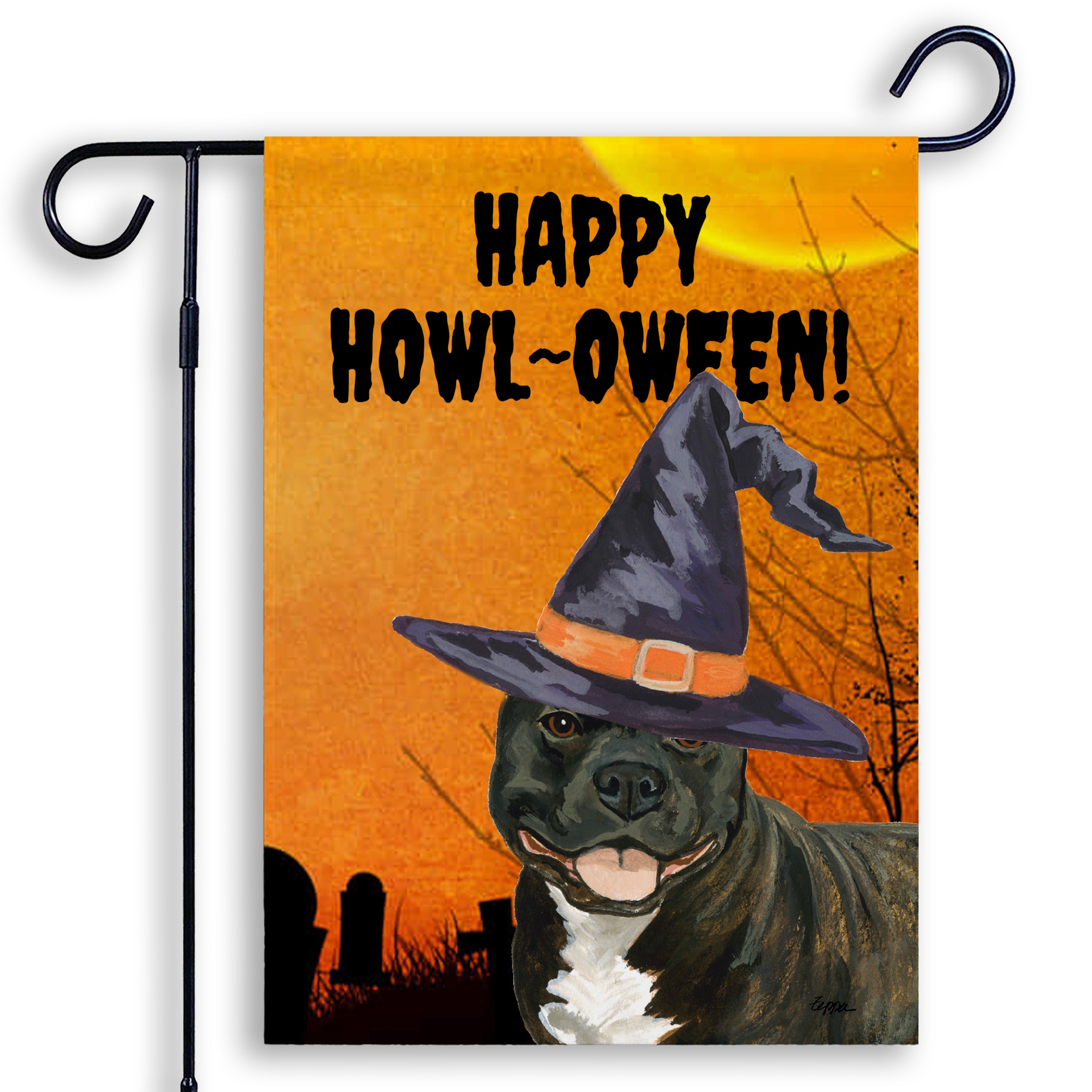 Halloween-themed garden flag with a Staffordshire Bull Terrier wearing a witch hat and 'Happy Howl-Oween!' text on an orange background.
