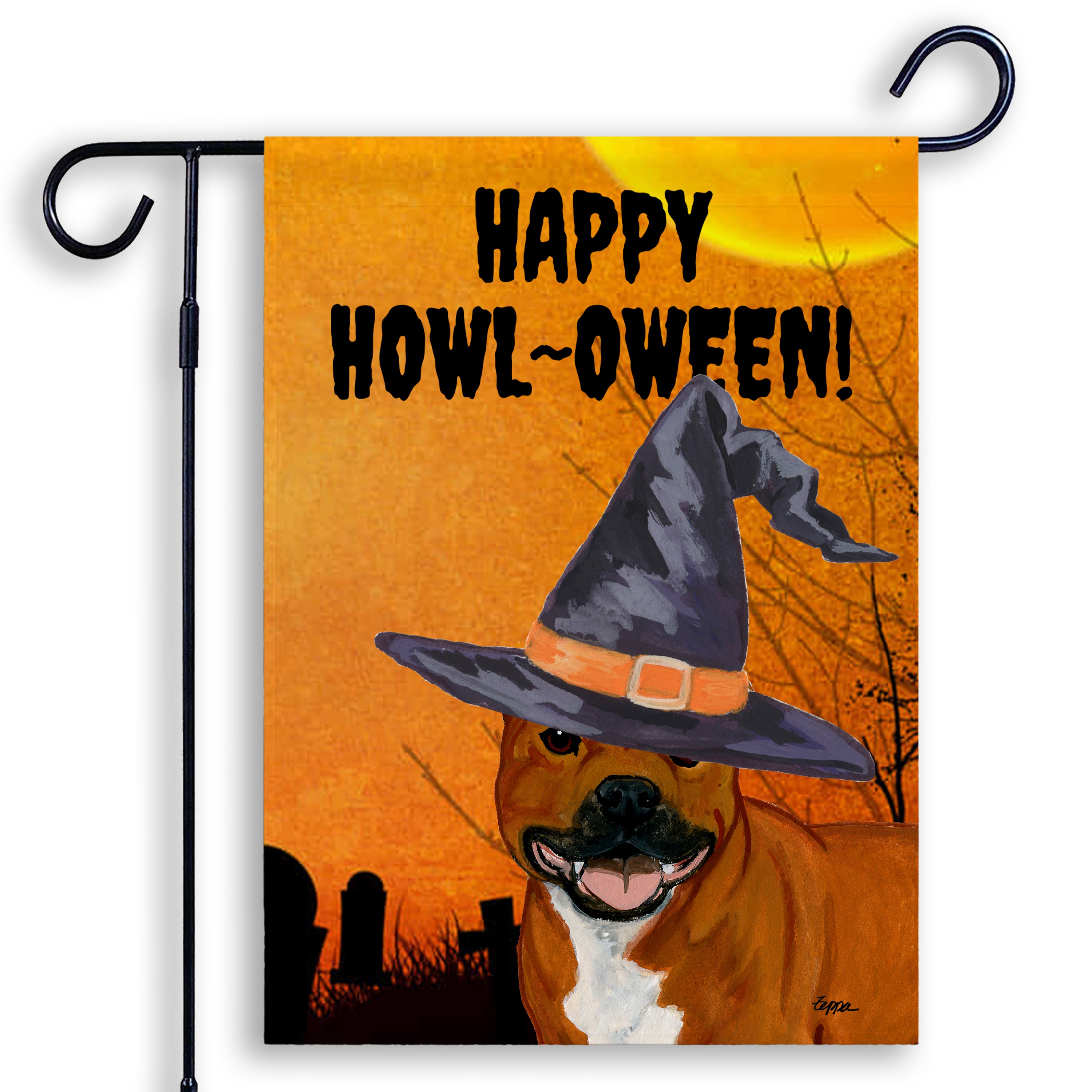 Halloween-themed garden flag with a Staffordshire Bull Terrier wearing a witch hat and 'Happy Howl-Oween!' text on an orange background.