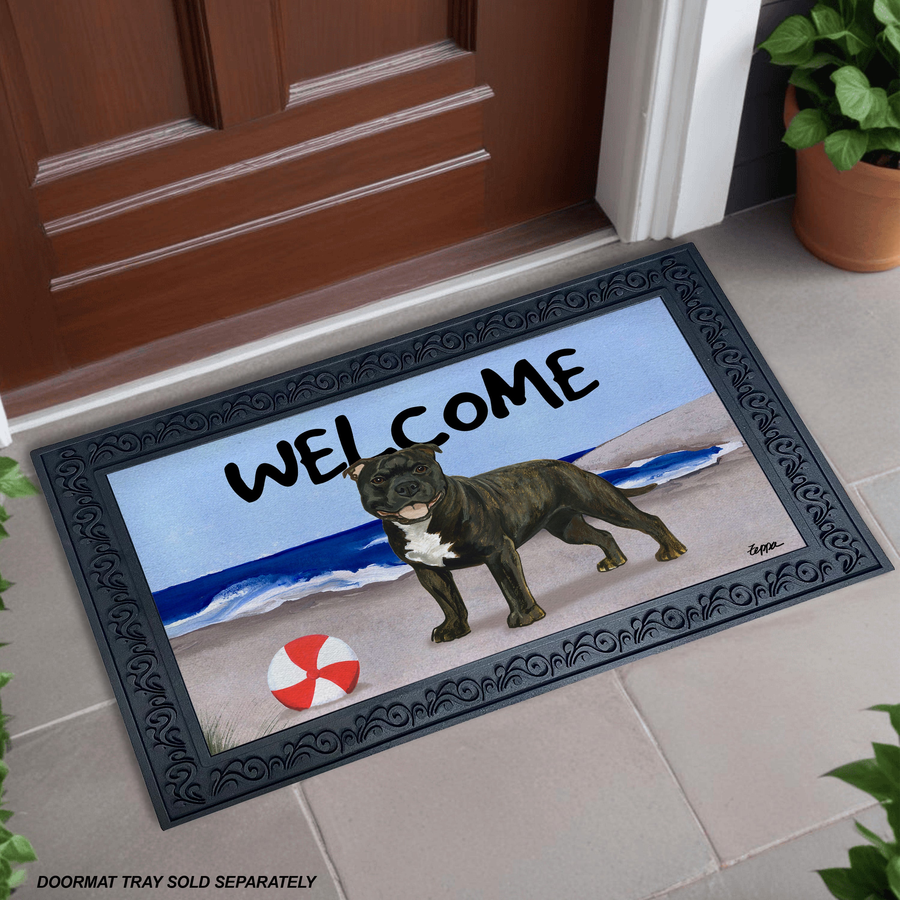 Brindle English Staffordshire Bull Terrier Beach Scene Welcome Mat