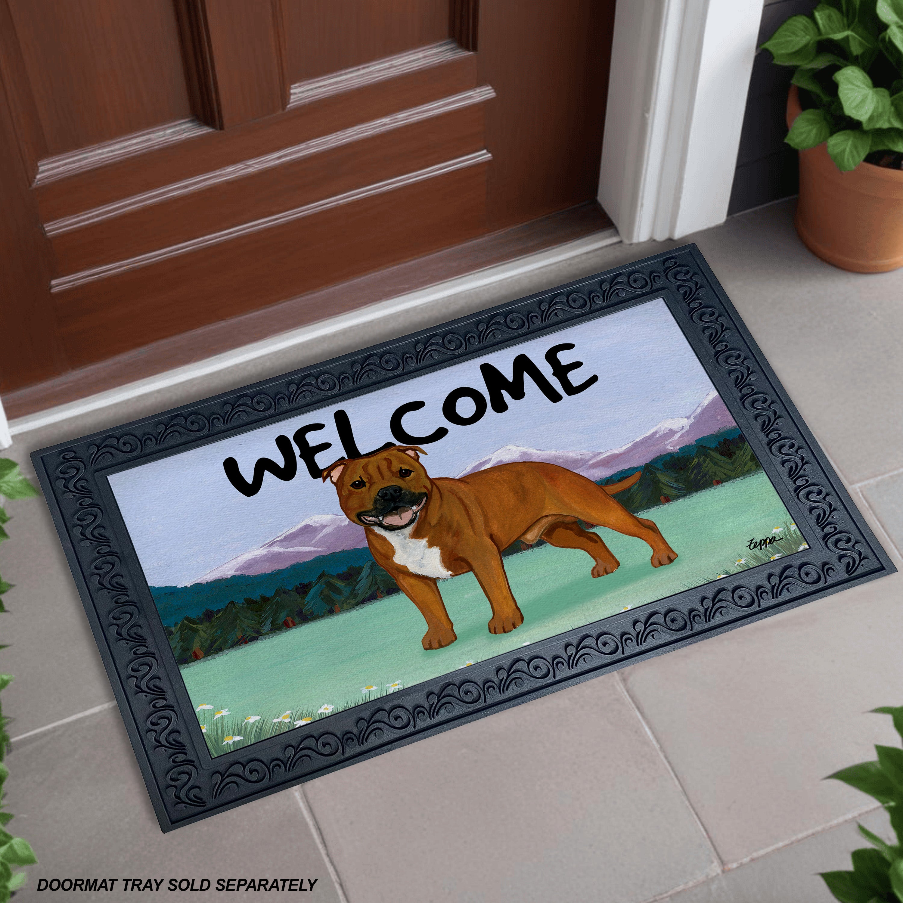 Red English Staffordshire Bull Terrier Mountain Scene Welcome Mat