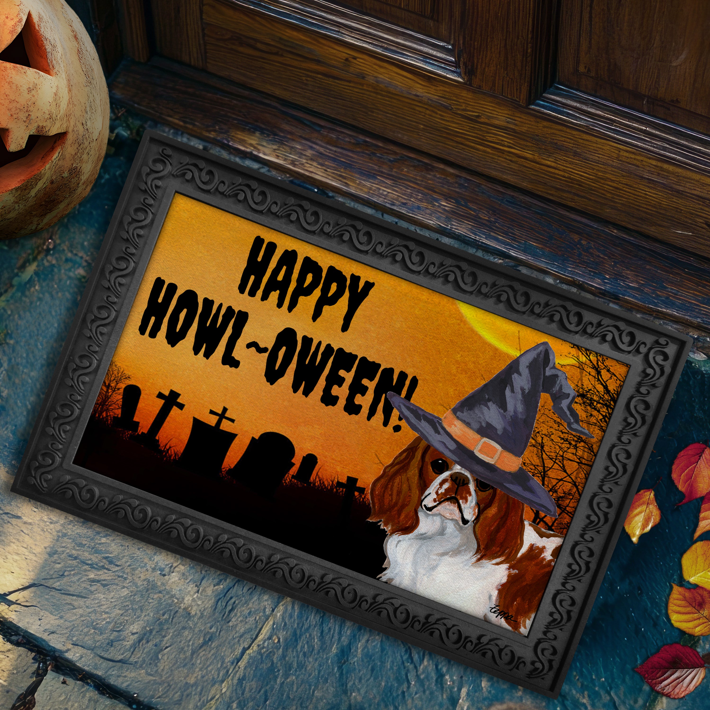 Halloween-themed doormat with a English Toy Spaniel wearing a witch hat and 'Happy Howl-Oween!' text on a doorstep.