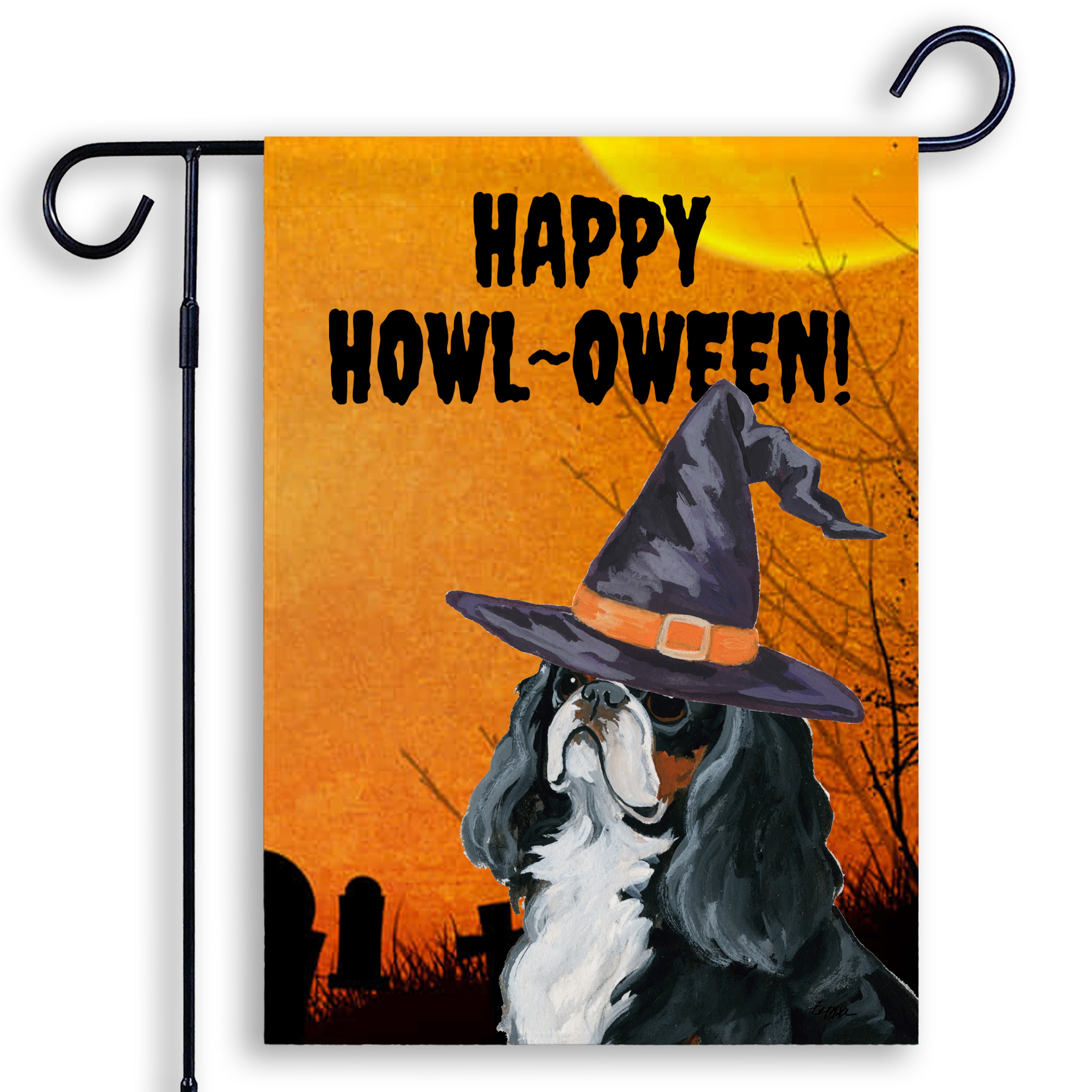 Halloween-themed garden flag with a English Toy Spaniel wearing a witch hat and 'Happy Howl-Oween!' text on an orange background.