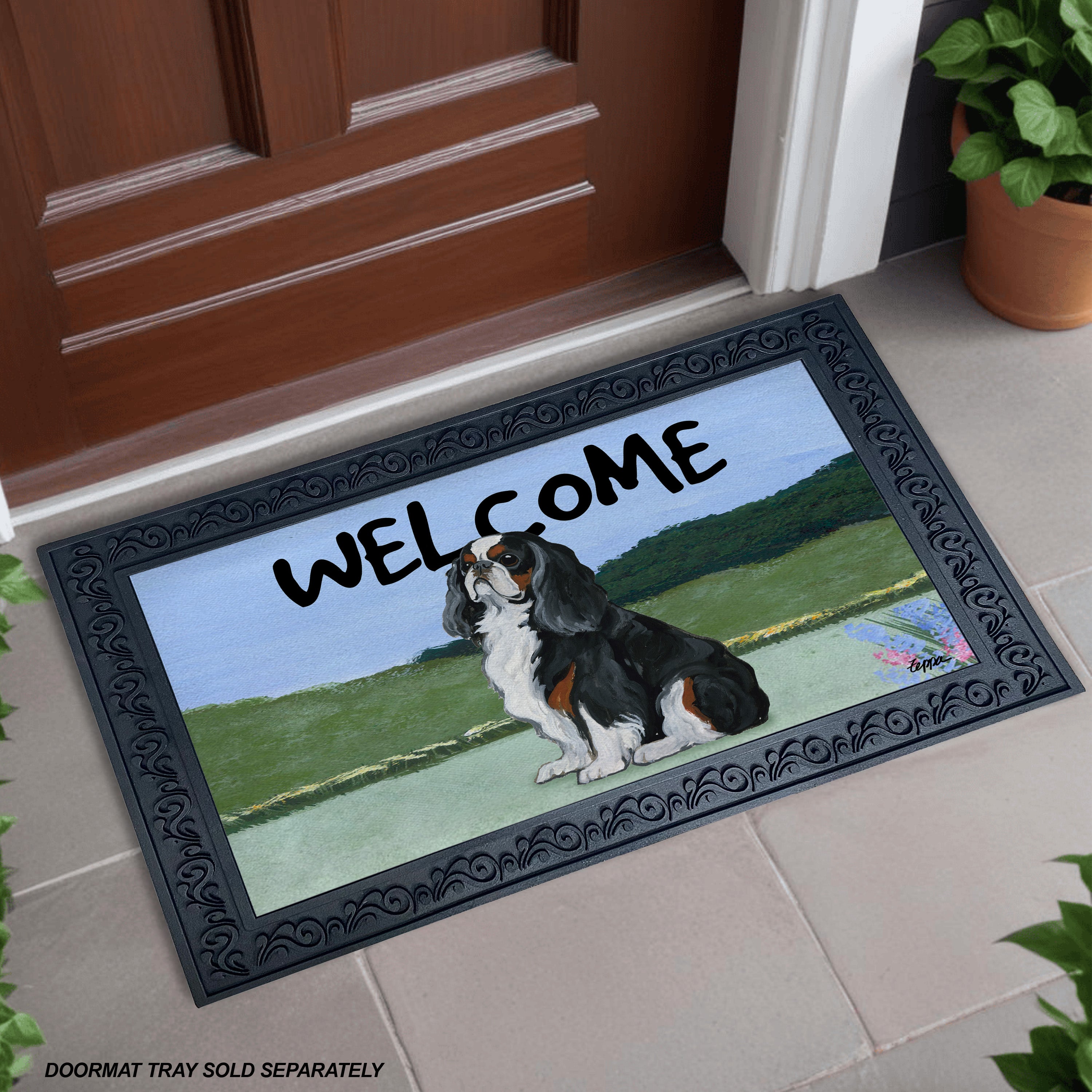 Tri English Toy Spaniel Yard Scene Welcome Mat