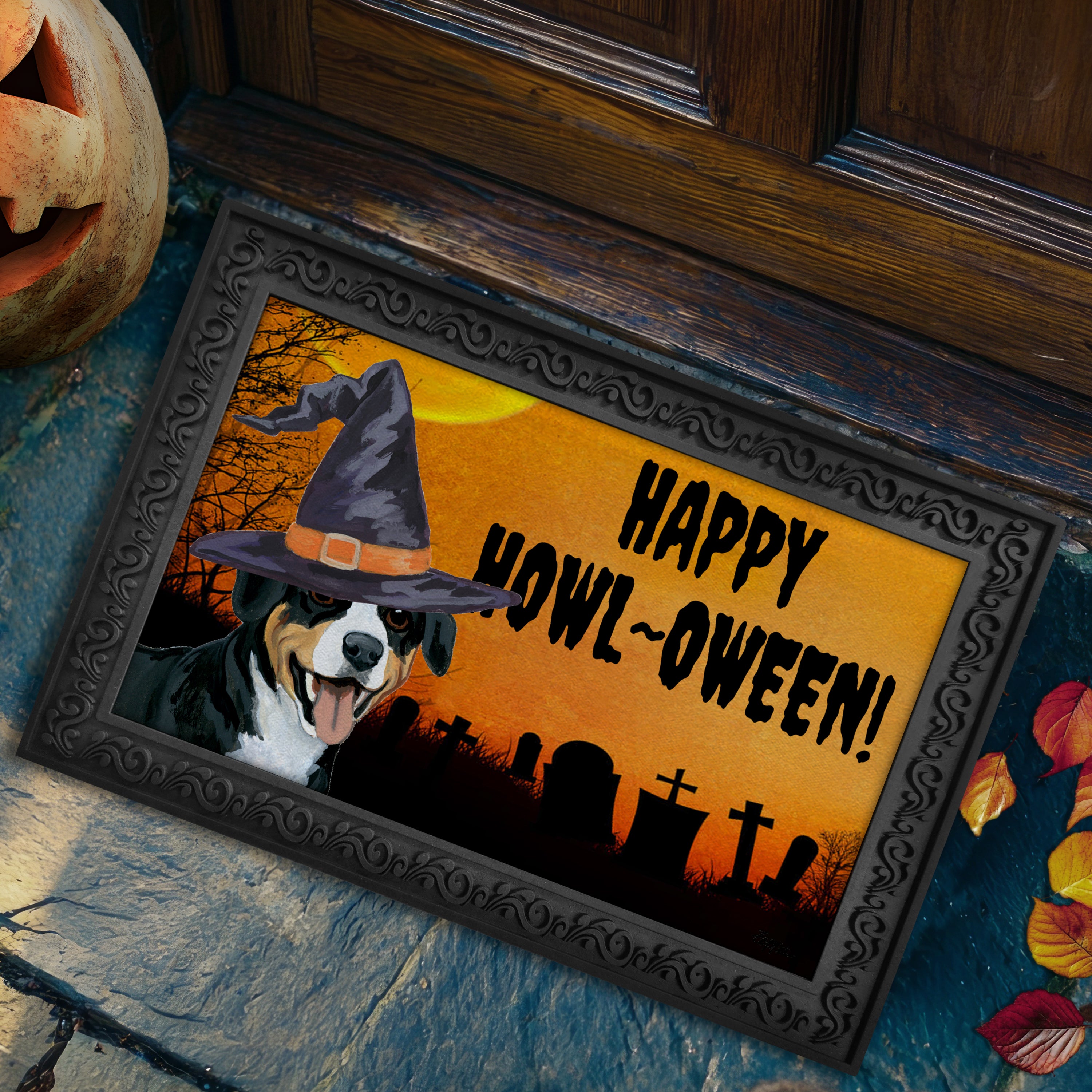 Halloween-themed doormat with an Entelbucher Mountain Dog wearing a witch hat and 'Happy Howl-O-Ween!' text, placed on a stone step.