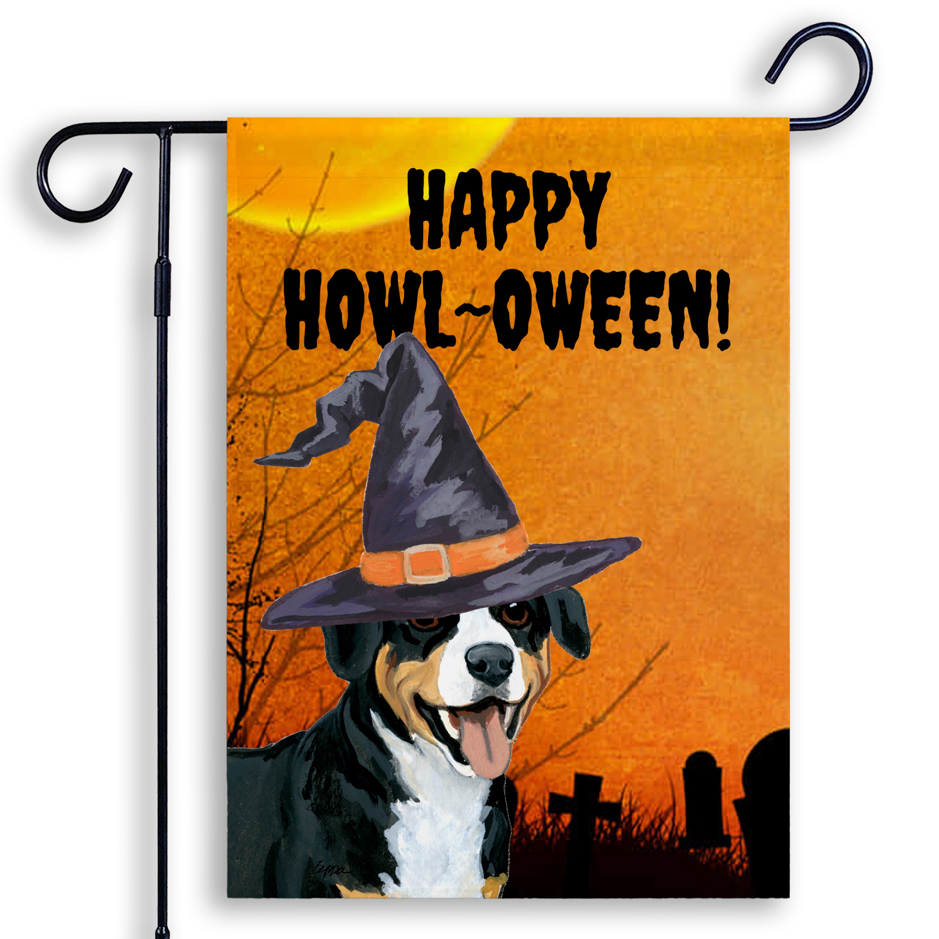 Halloween-themed garden flag with a Entelbucher Mountain Dog wearing a witch hat and 'Happy Howl-Oween!' text on an orange background.