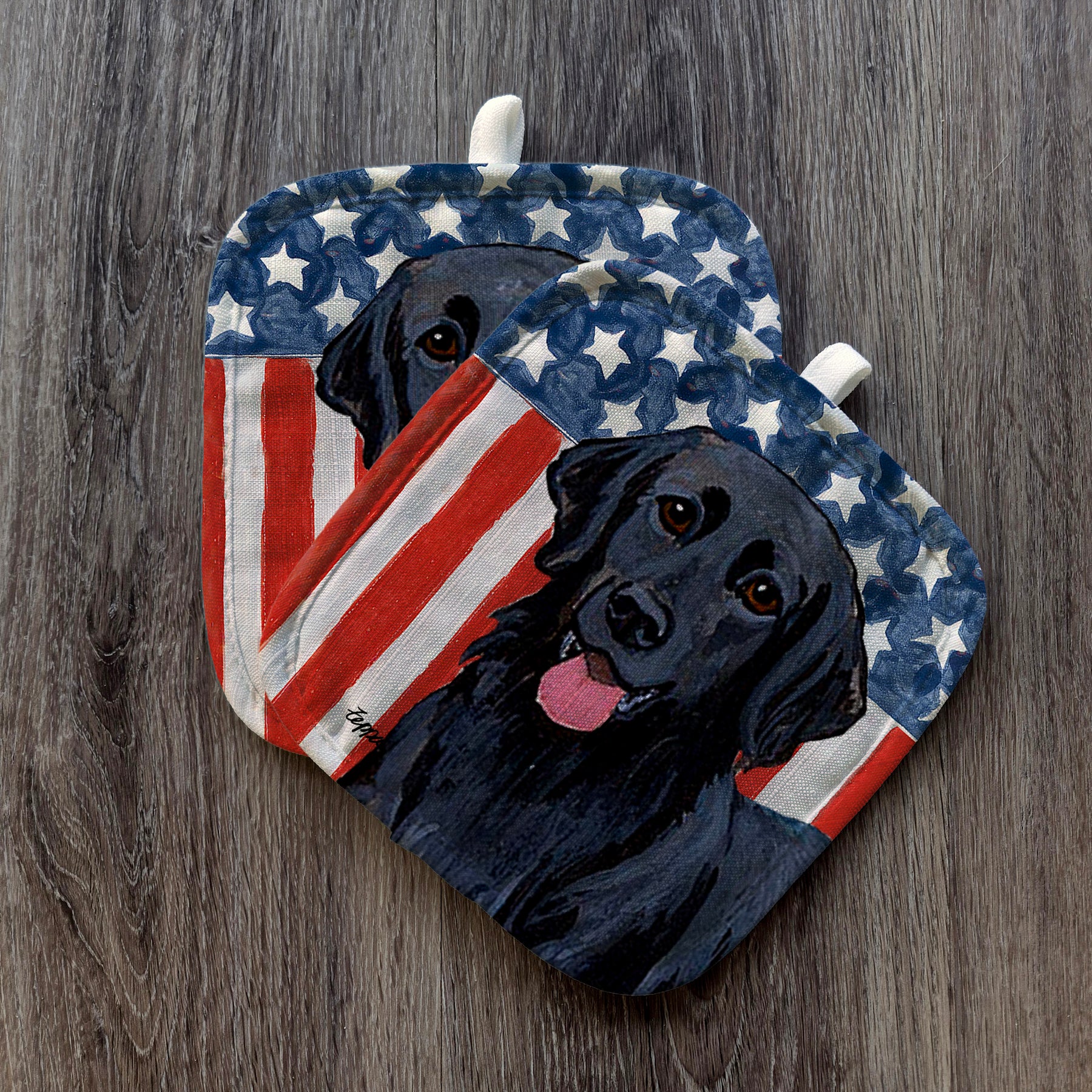 Flat Coated Retriever Americana Pot Holder Set