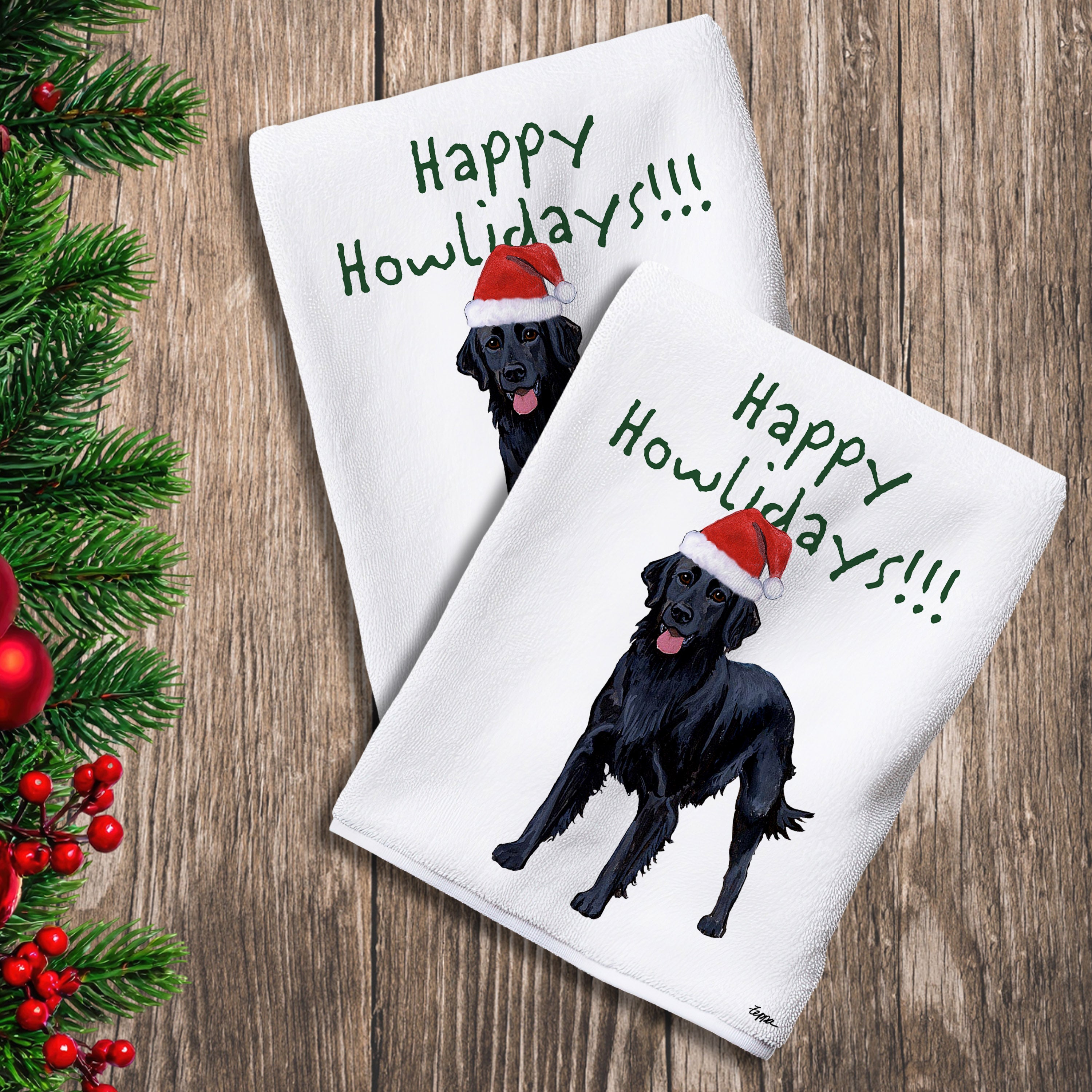 2 Kitchen Towels with a Flat Coated Retriever in a Santa Hat and Happy Howlidays text. 