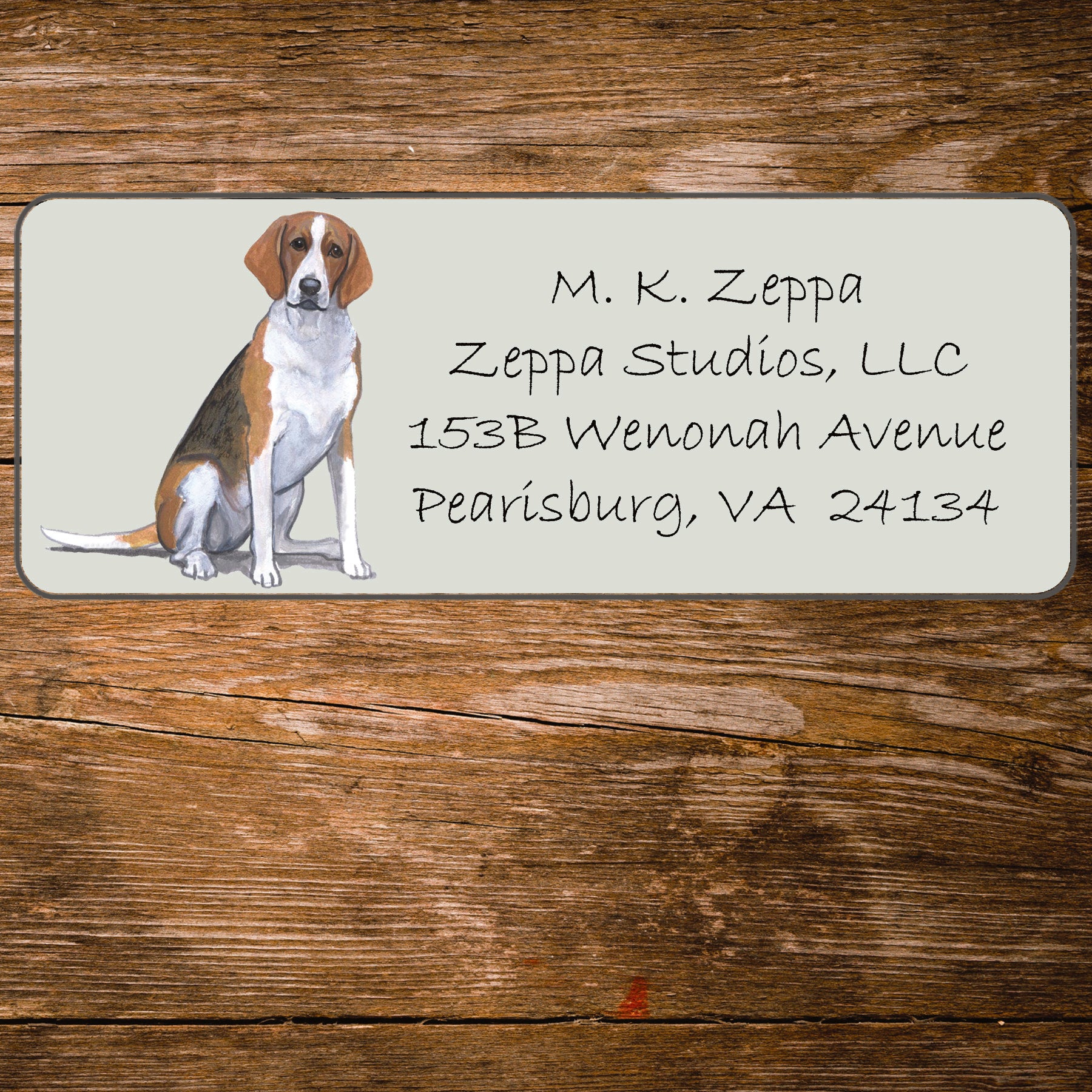 Return address label with a Foxhound illustration