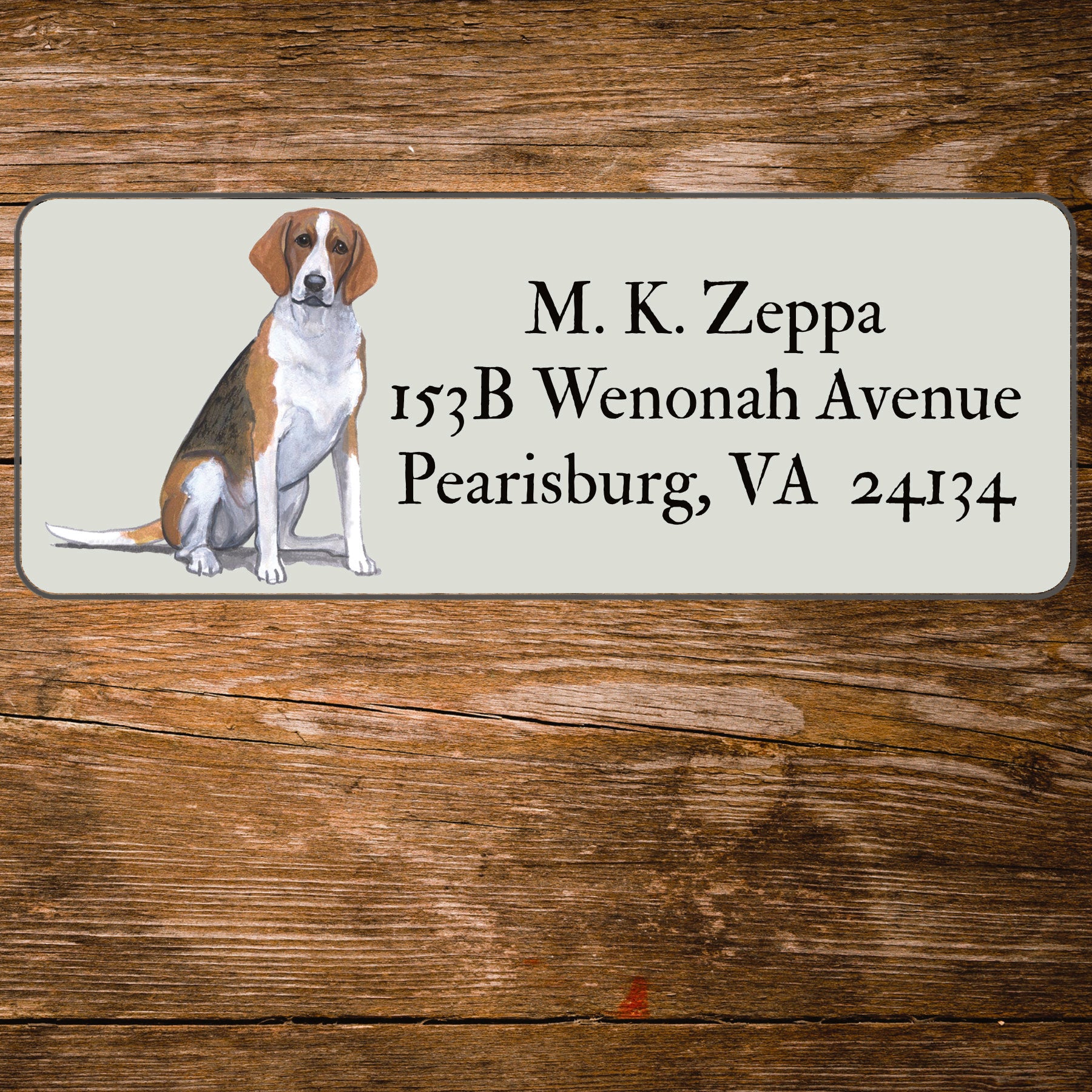 Return address label with a Foxhound illustration