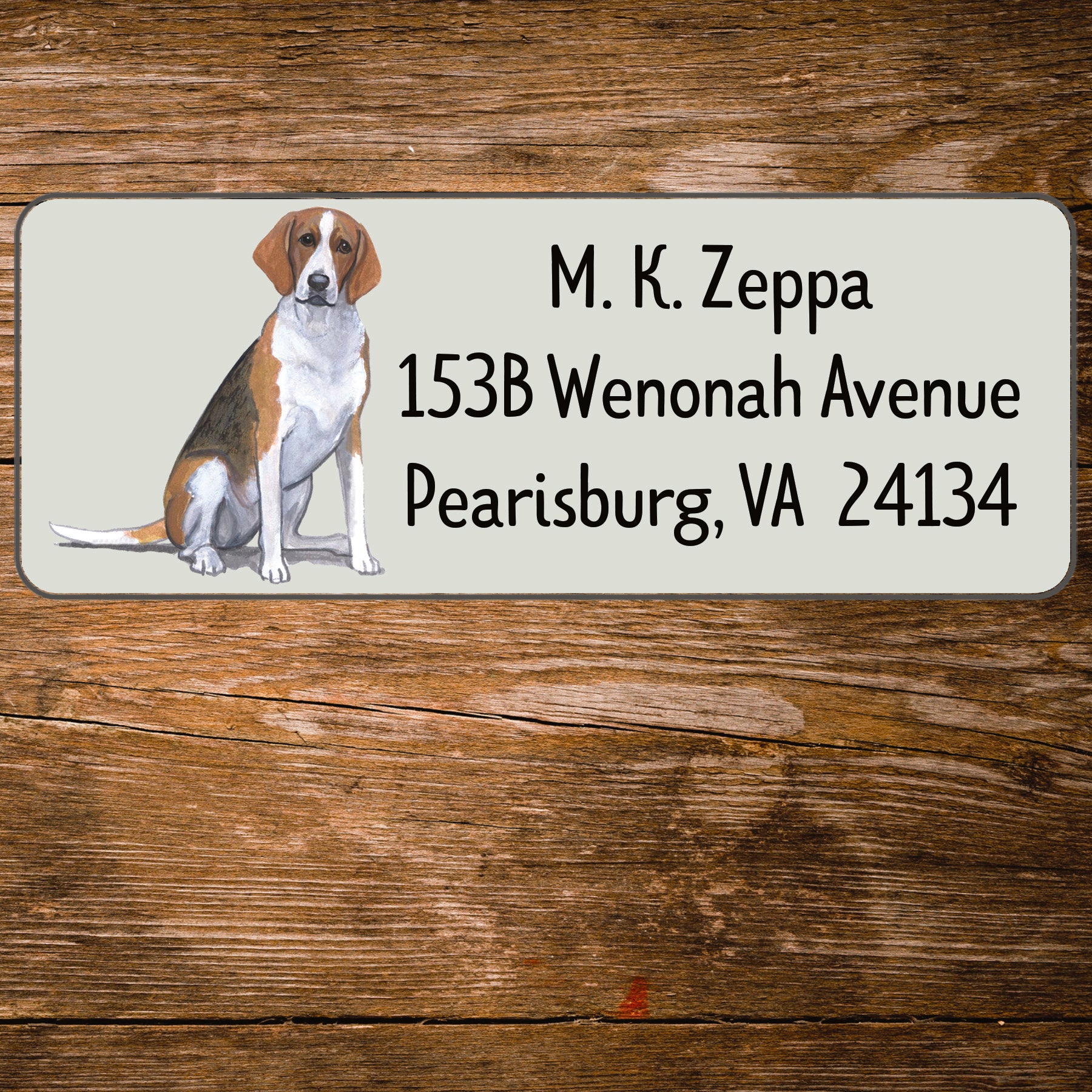 Return address label with a Foxhound illustration