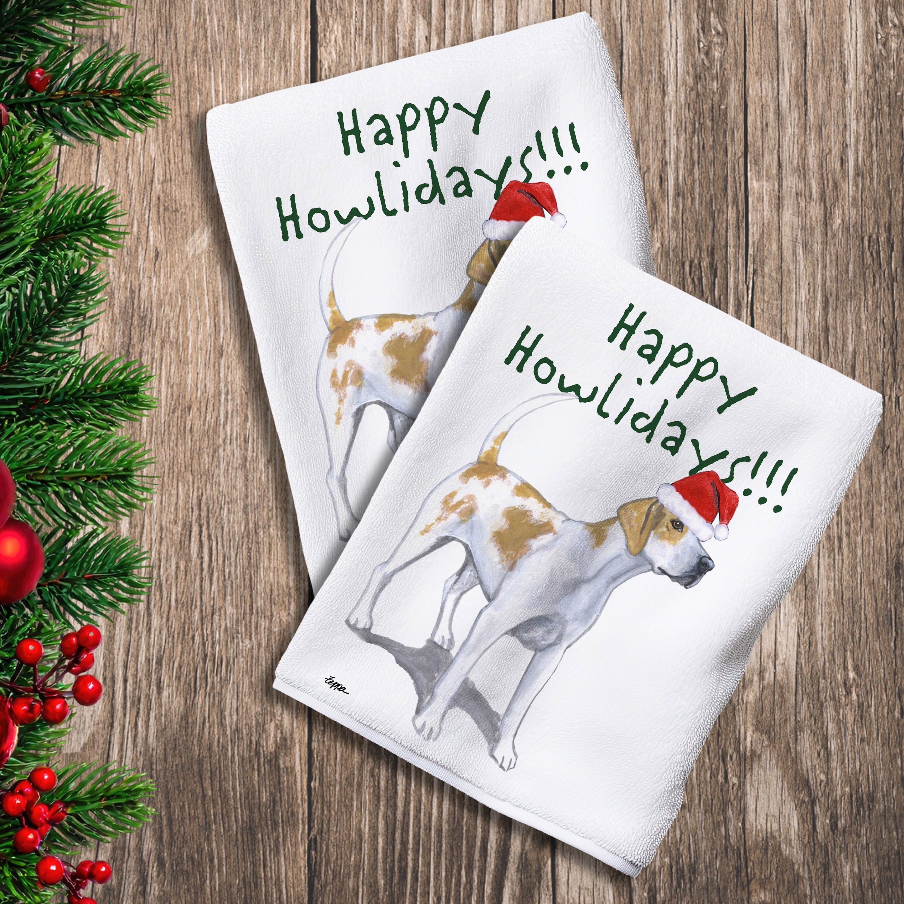 2 Kitchen Towels with an English Foxhound in a Santa Hat and Happy Howlidays text.