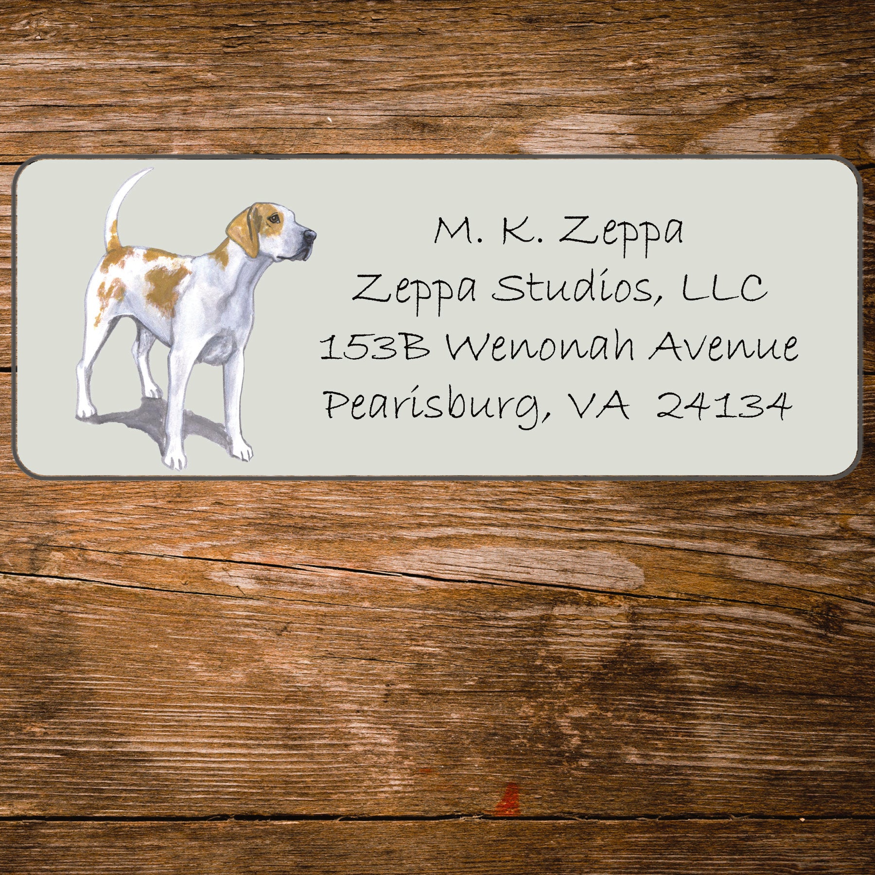Return address label with an illustration of an English Foxhound