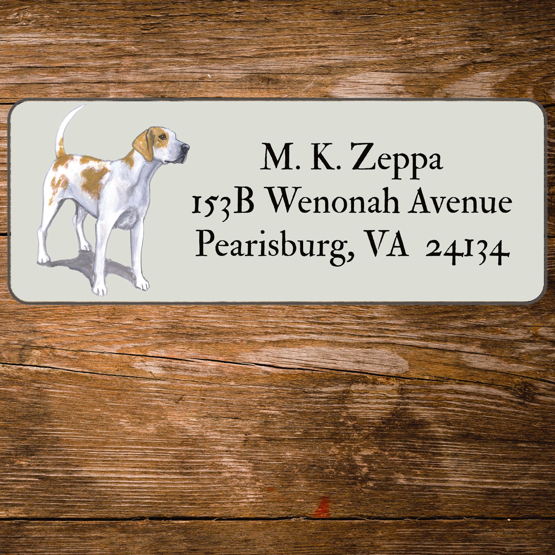 Return address label with an illustration of an English Foxhound