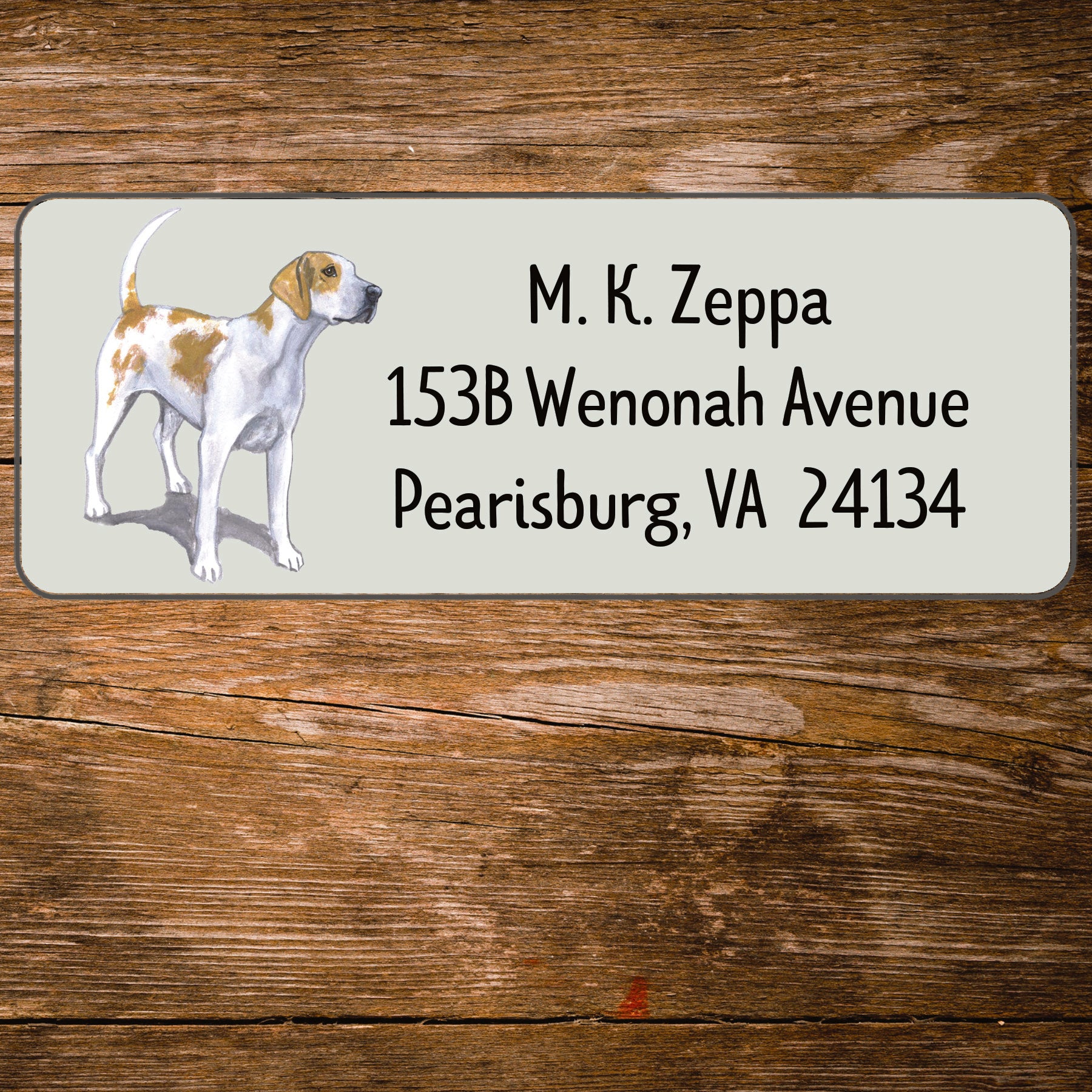 Return address label with an illustration of an English Foxhound