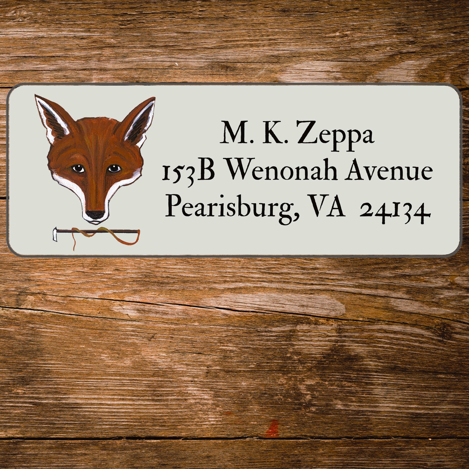 Address label with Fox Mask illustration on a wooden background