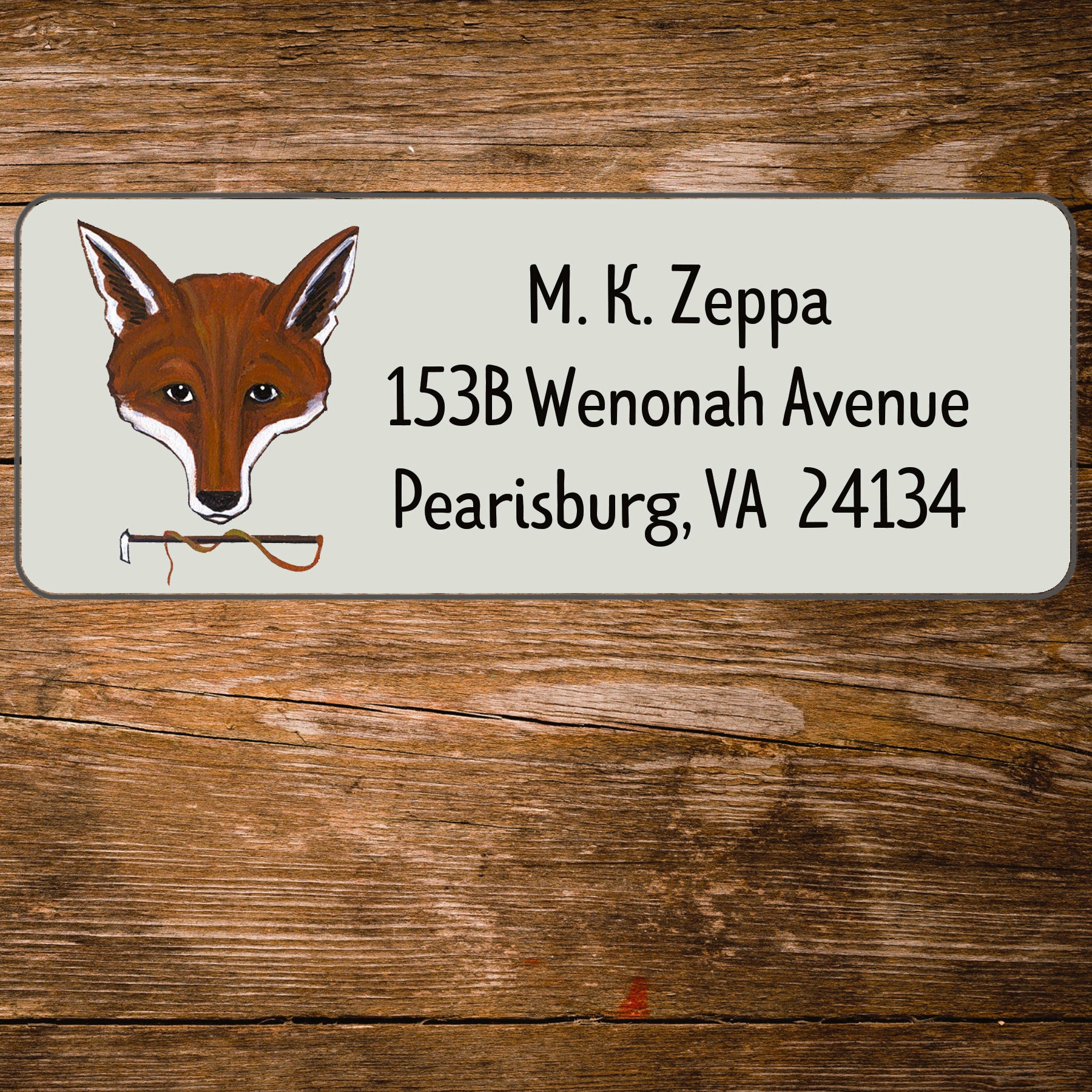 Address label with Fox Mask illustration on a wooden background