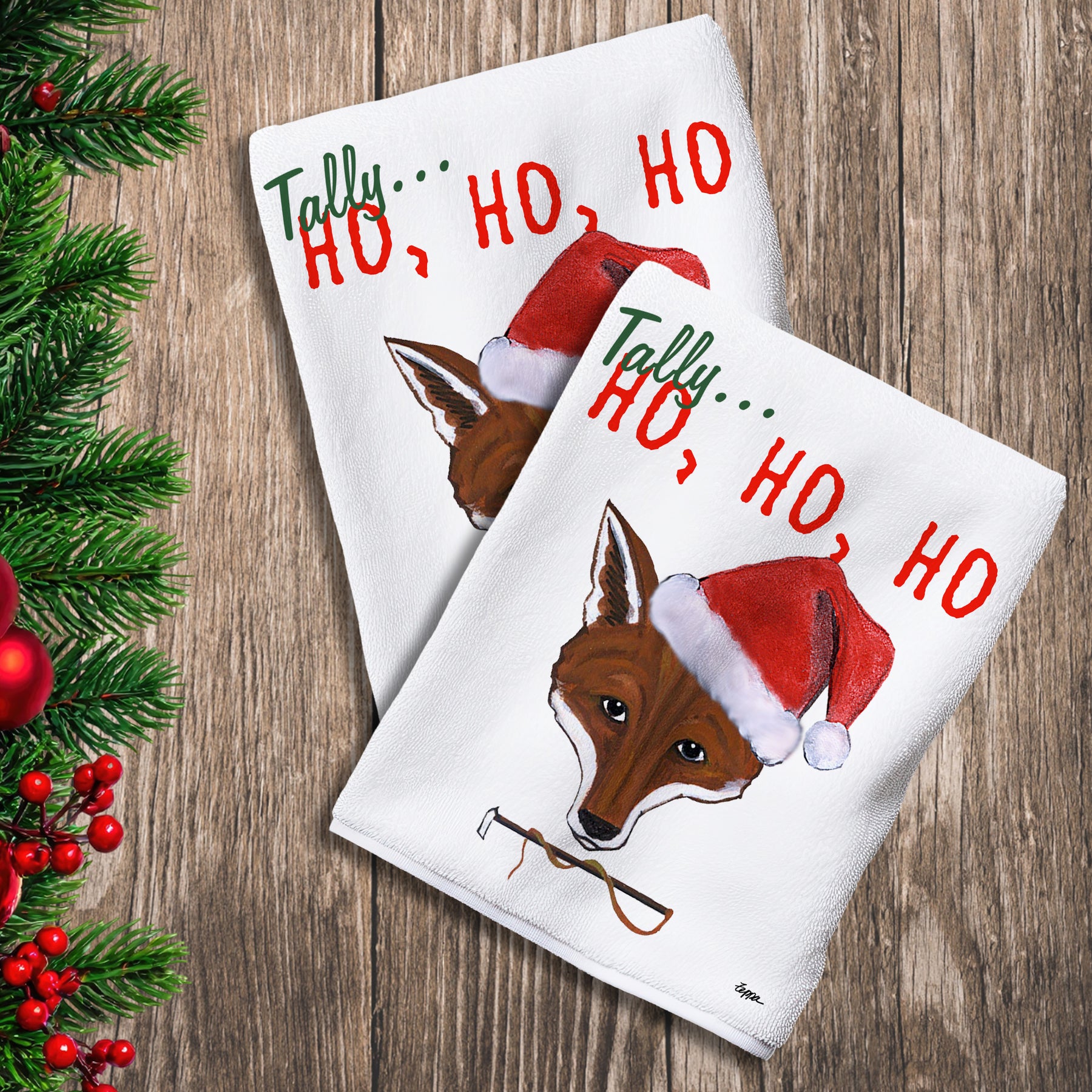 2 Kitchen Towels with a Fox Mask and Whip and Tally Ho Ho Ho text.