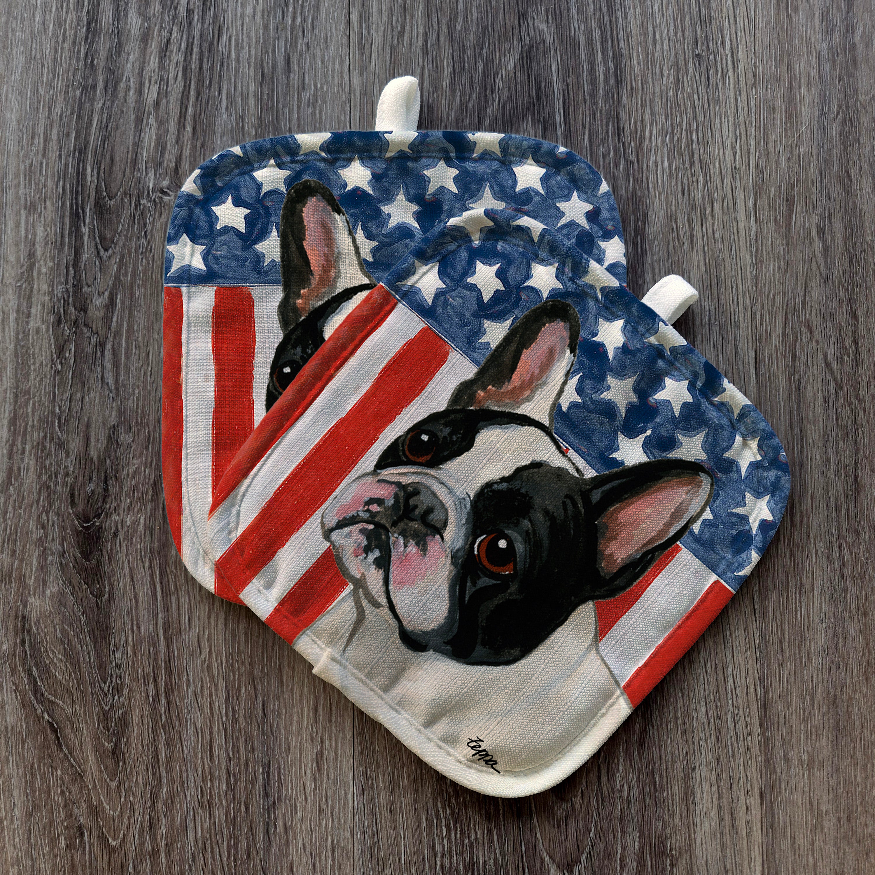 Black and White French Bulldog Americana Pot Holder Set