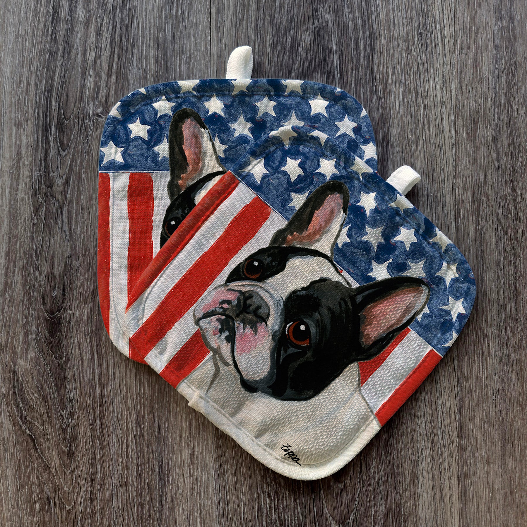 Black and White French Bulldog Americana Pot Holder Set