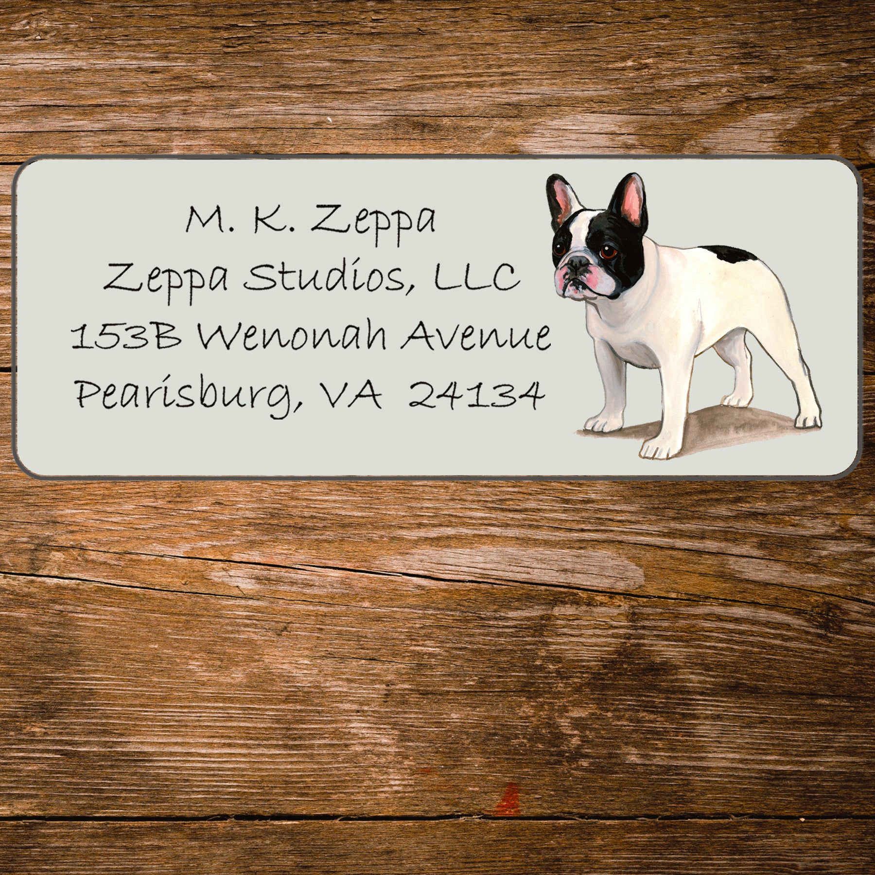 Return address label with a French Bulldog illustration