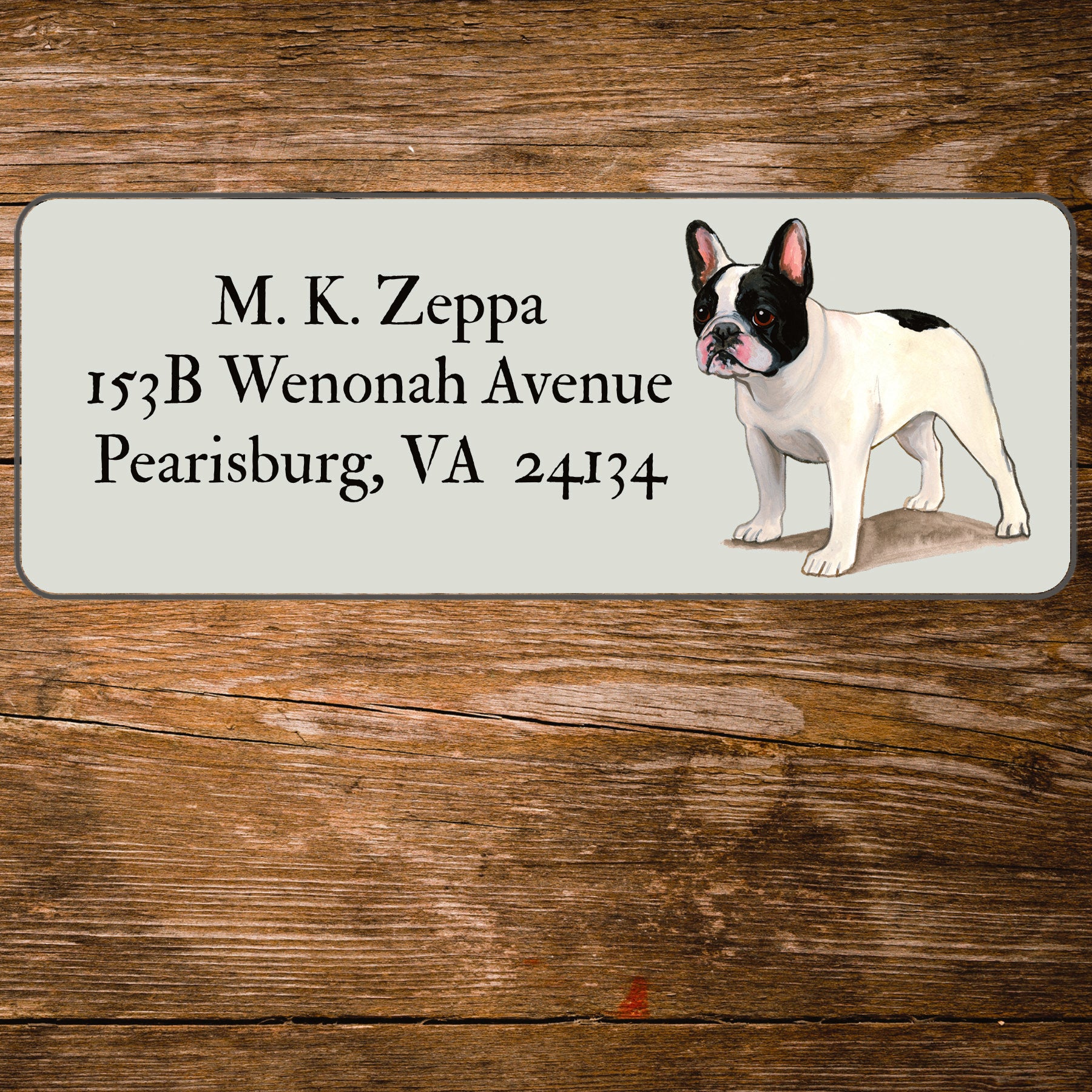 Return address label with a French Bulldog illustration