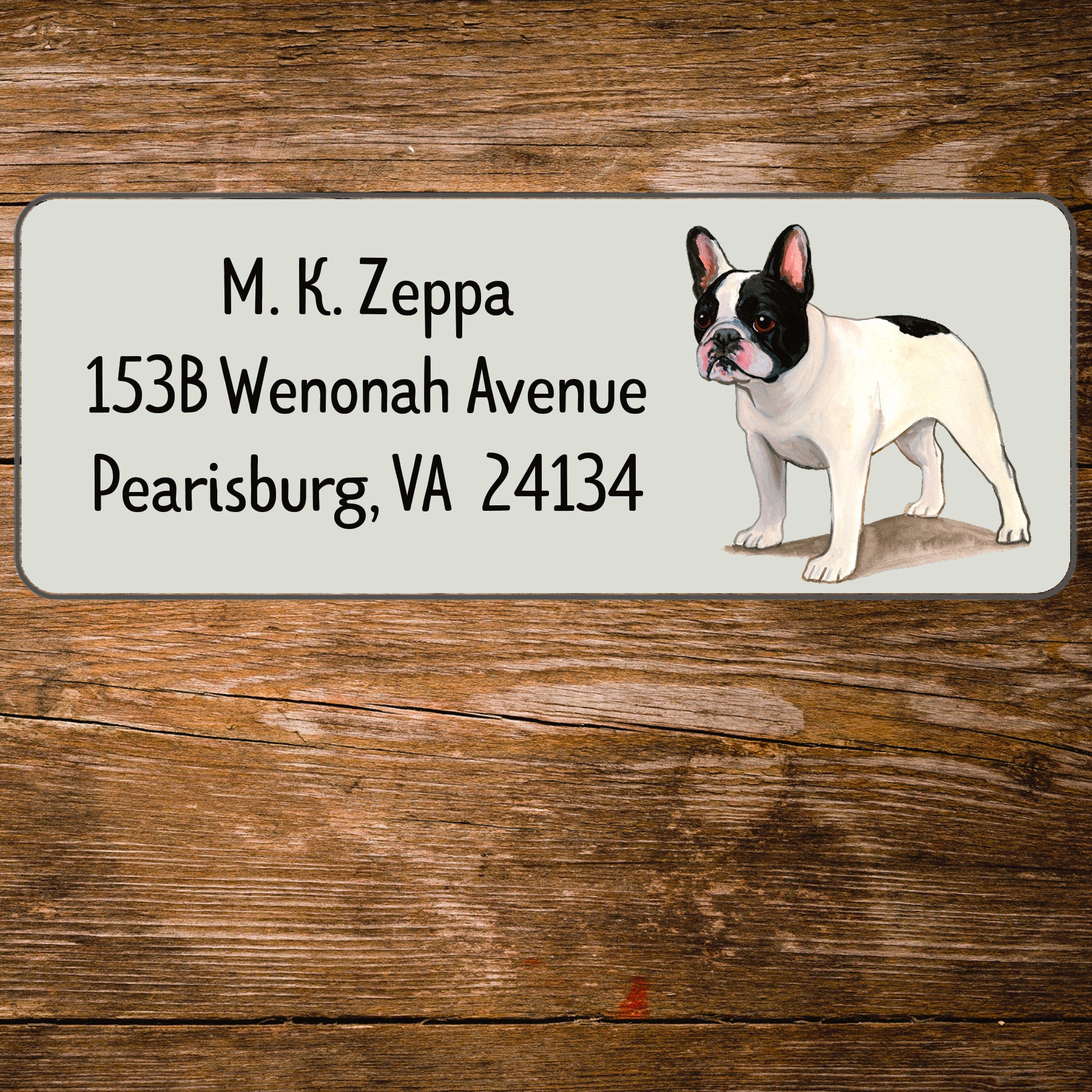 Return address label with a French Bulldog illustration