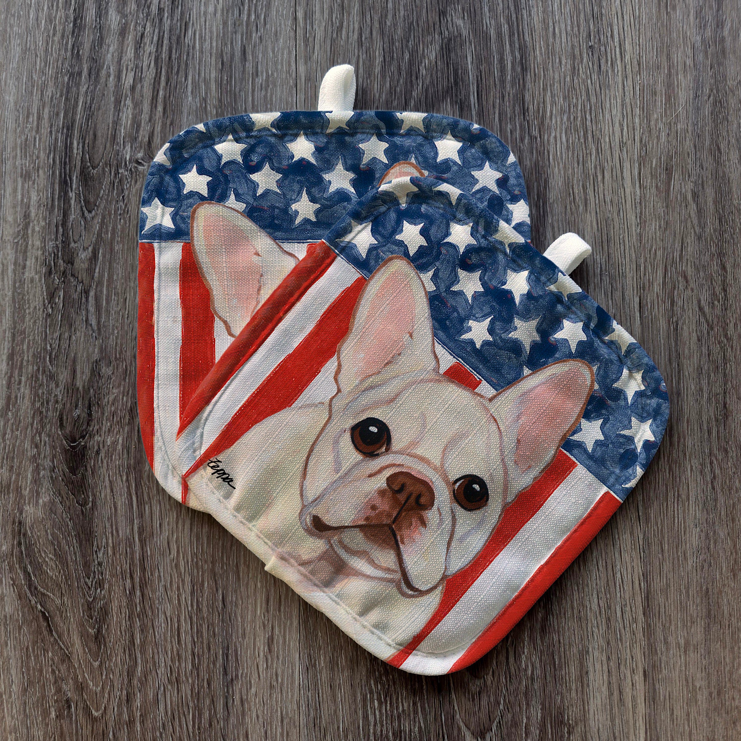 Cream French Bulldog Americana Pot Holder Set
