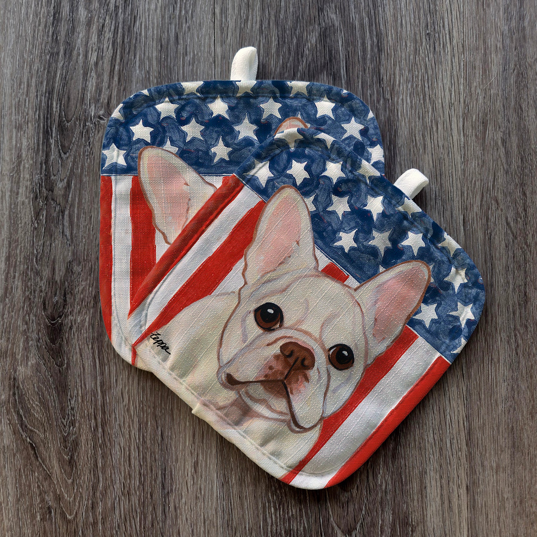 Cream French Bulldog Americana Pot Holder Set