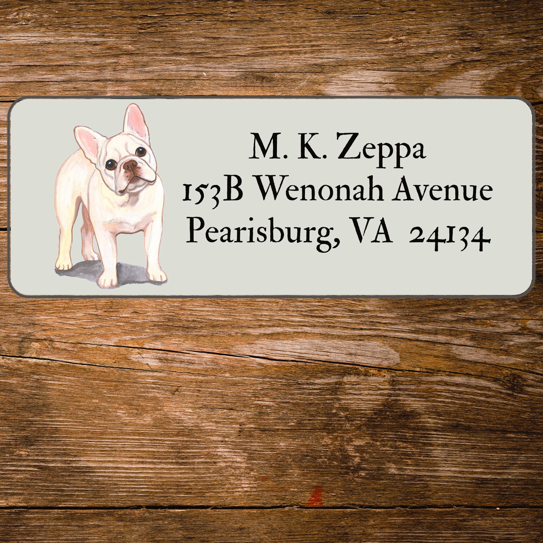Return address label with a French Bulldog illustration