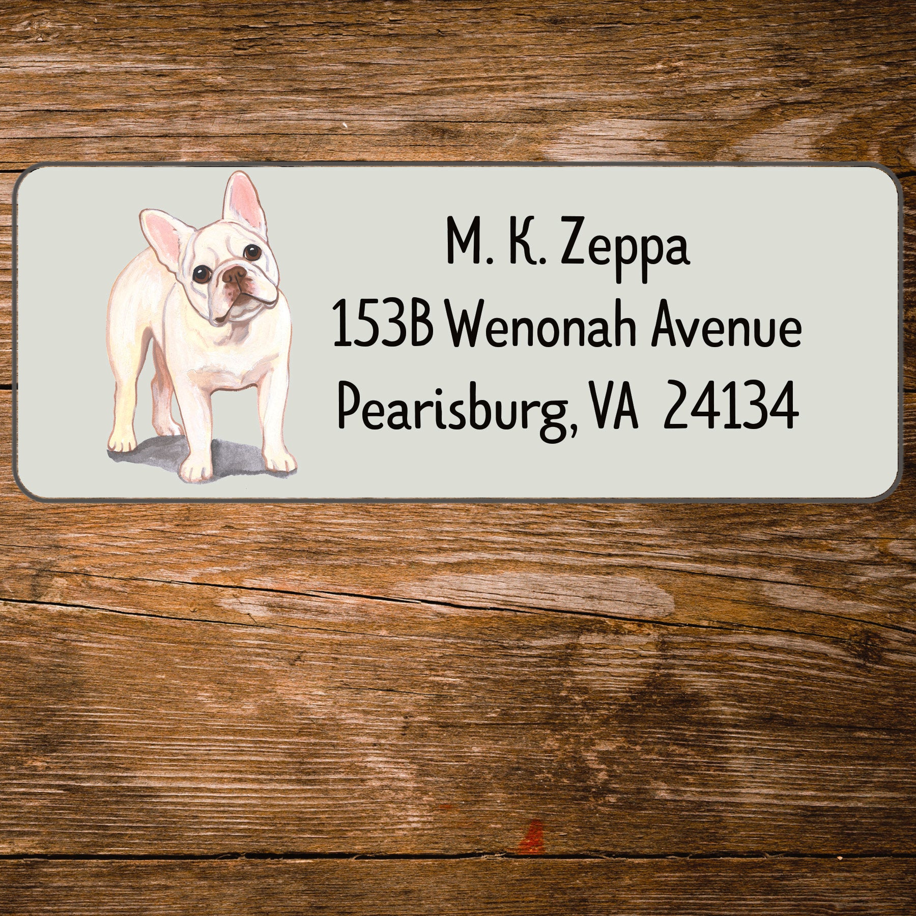 Return address label with a French Bulldog illustration
