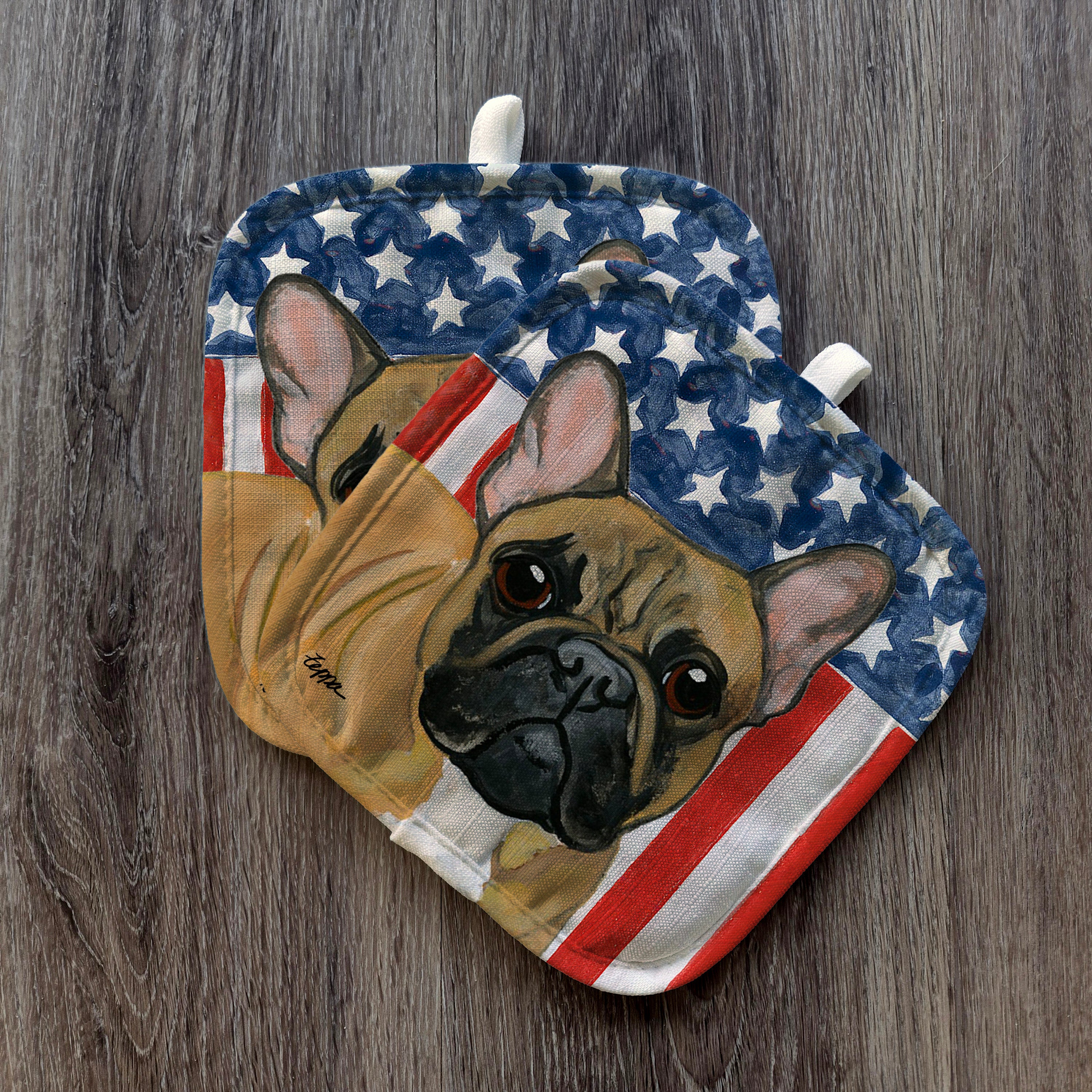 Fawn French Bulldog Americana Pot Holder Set