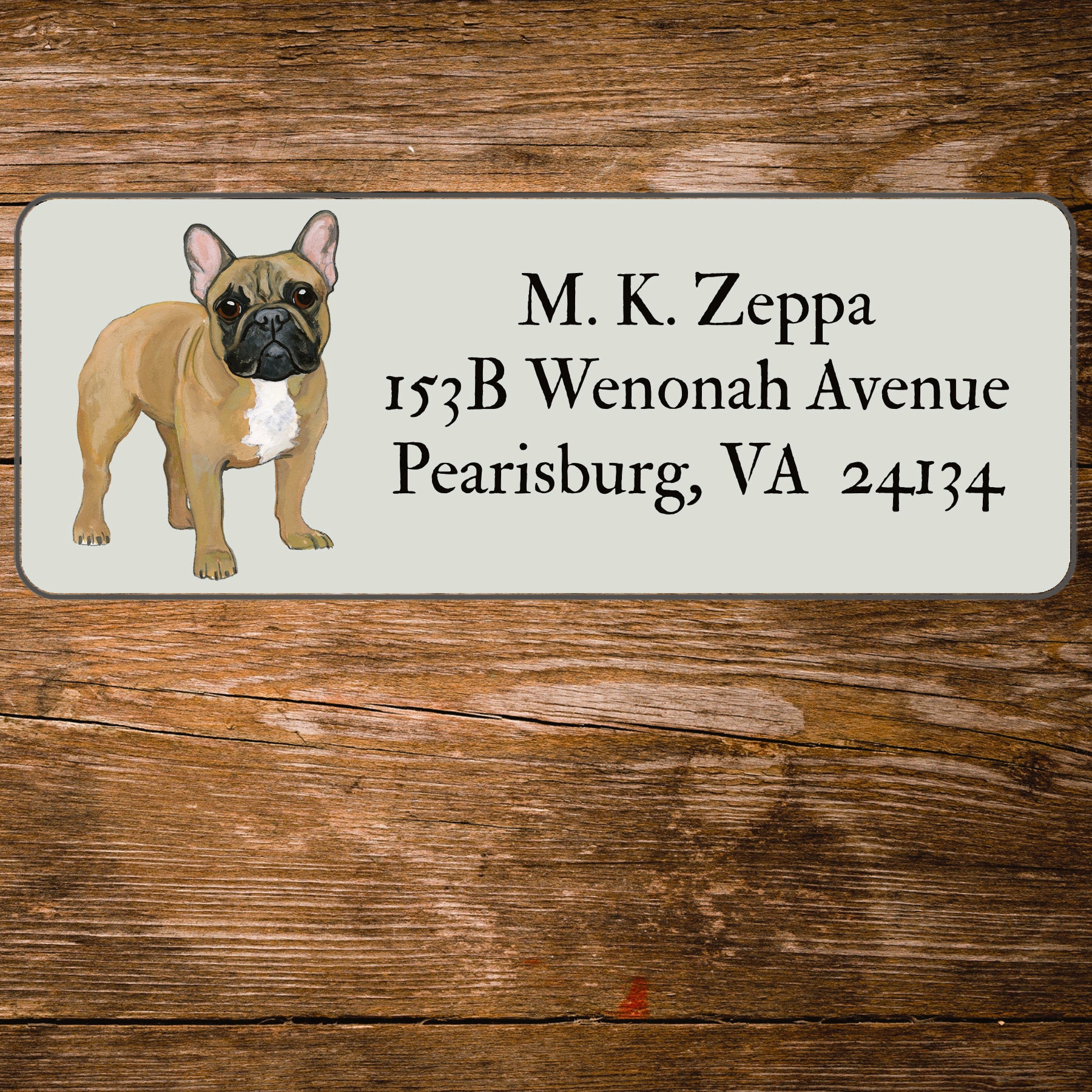 Return address label with a French Bulldog illustration
