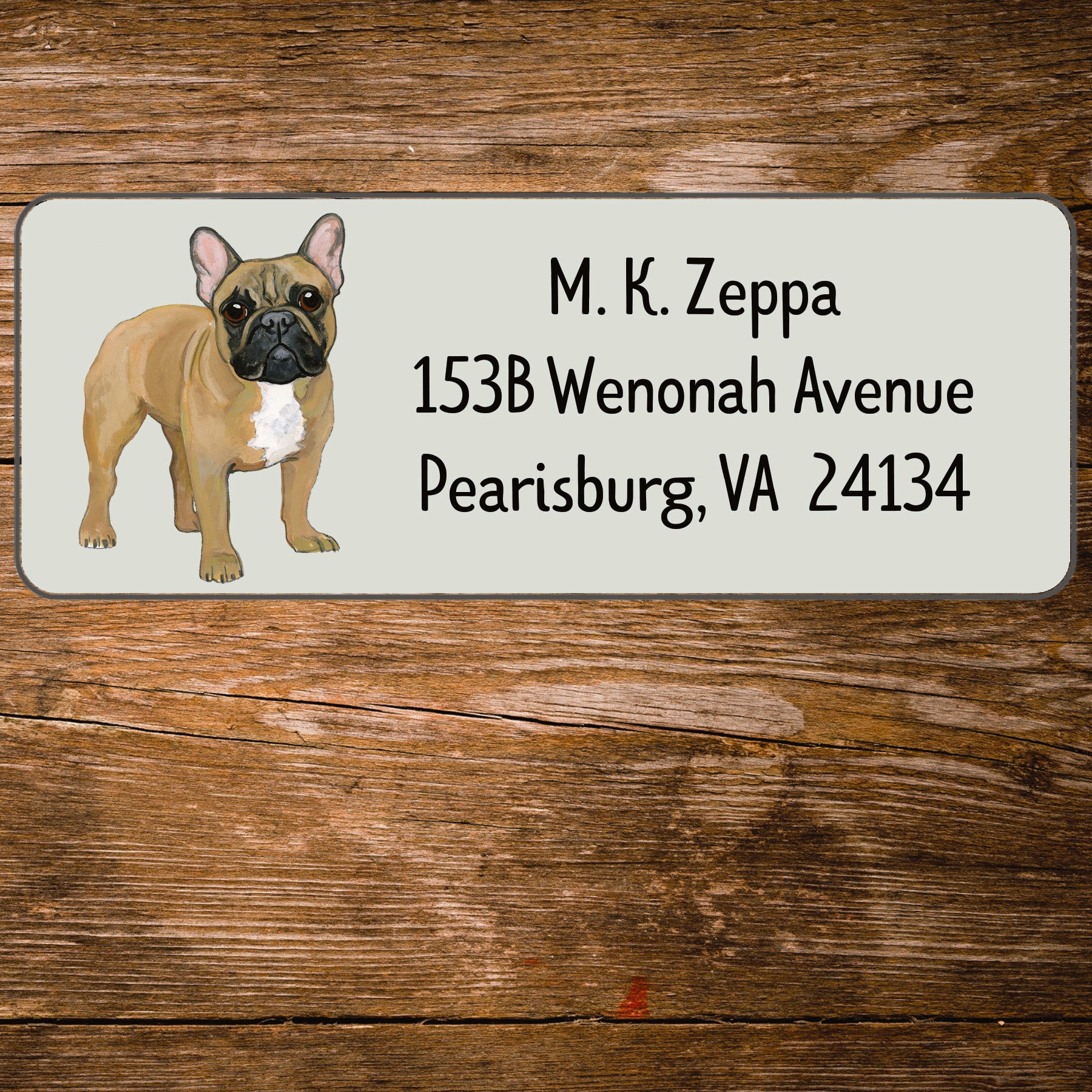 Return address label with a French Bulldog illustration