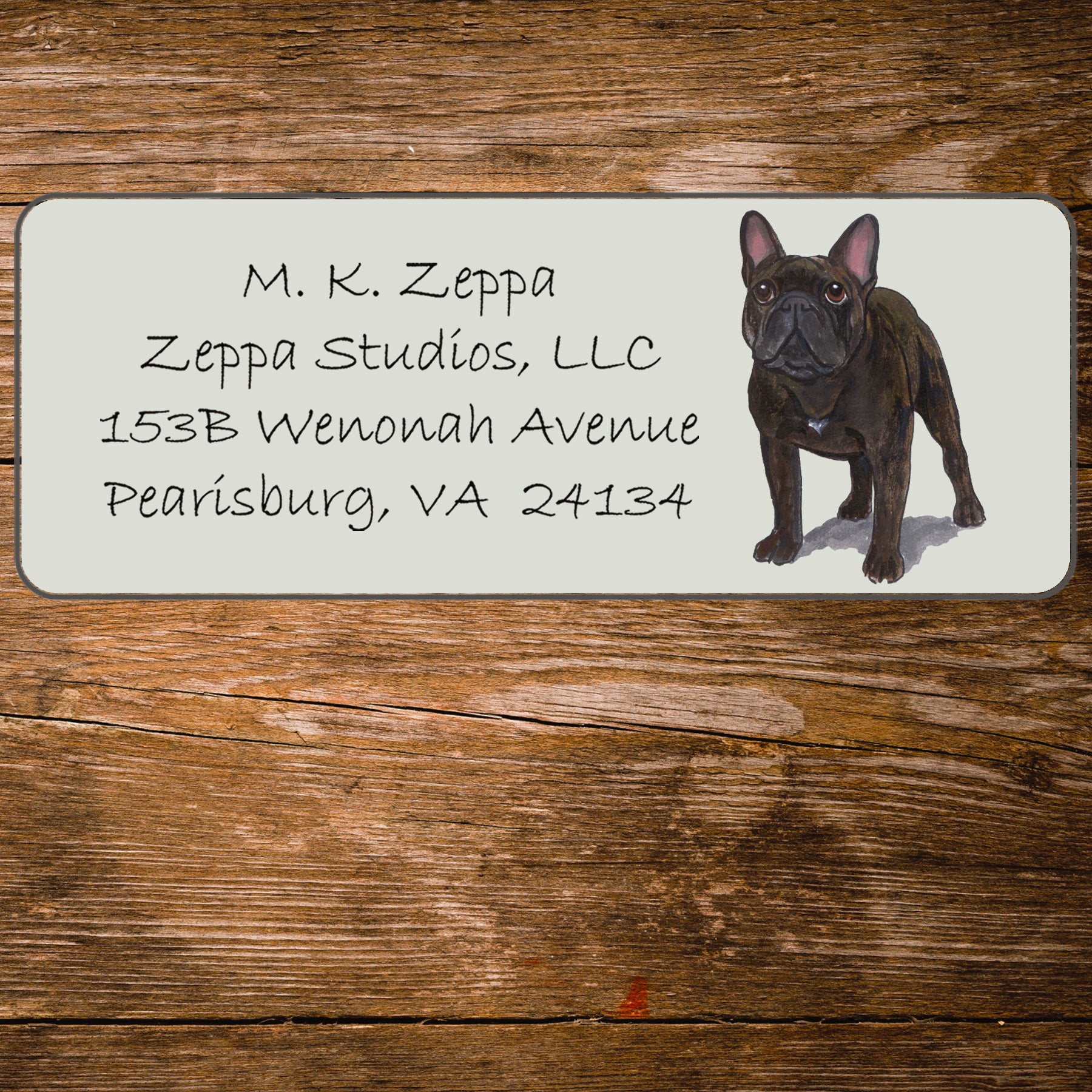 Return address label with a French Bulldog illustration