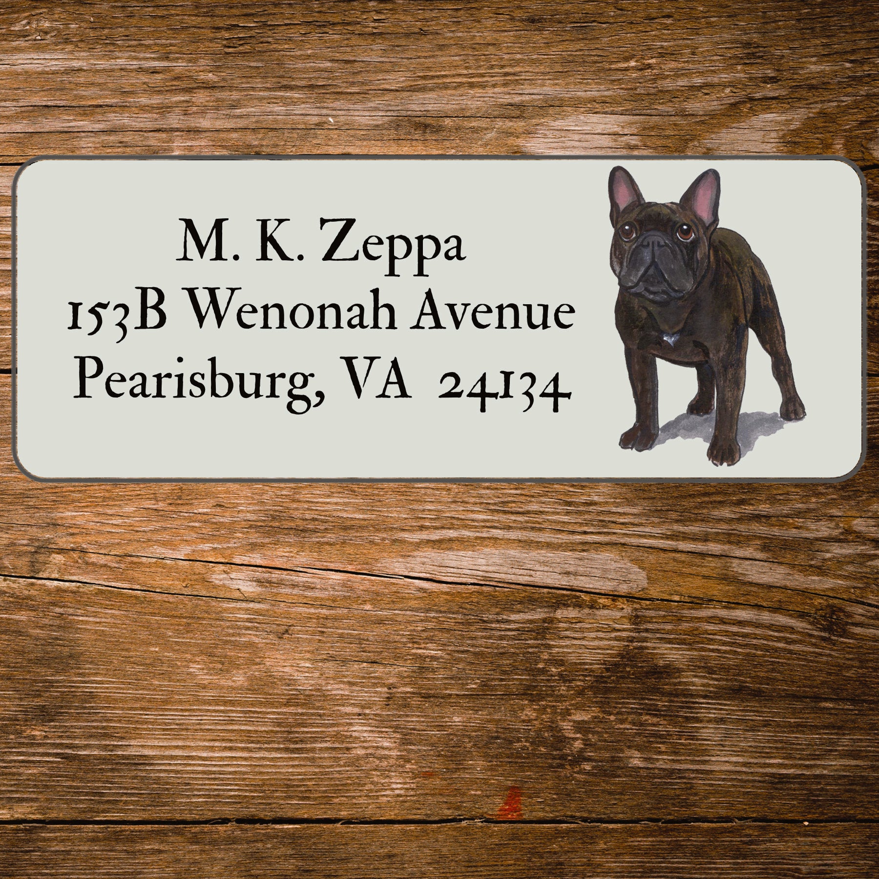 Return address label with a French Bulldog illustration