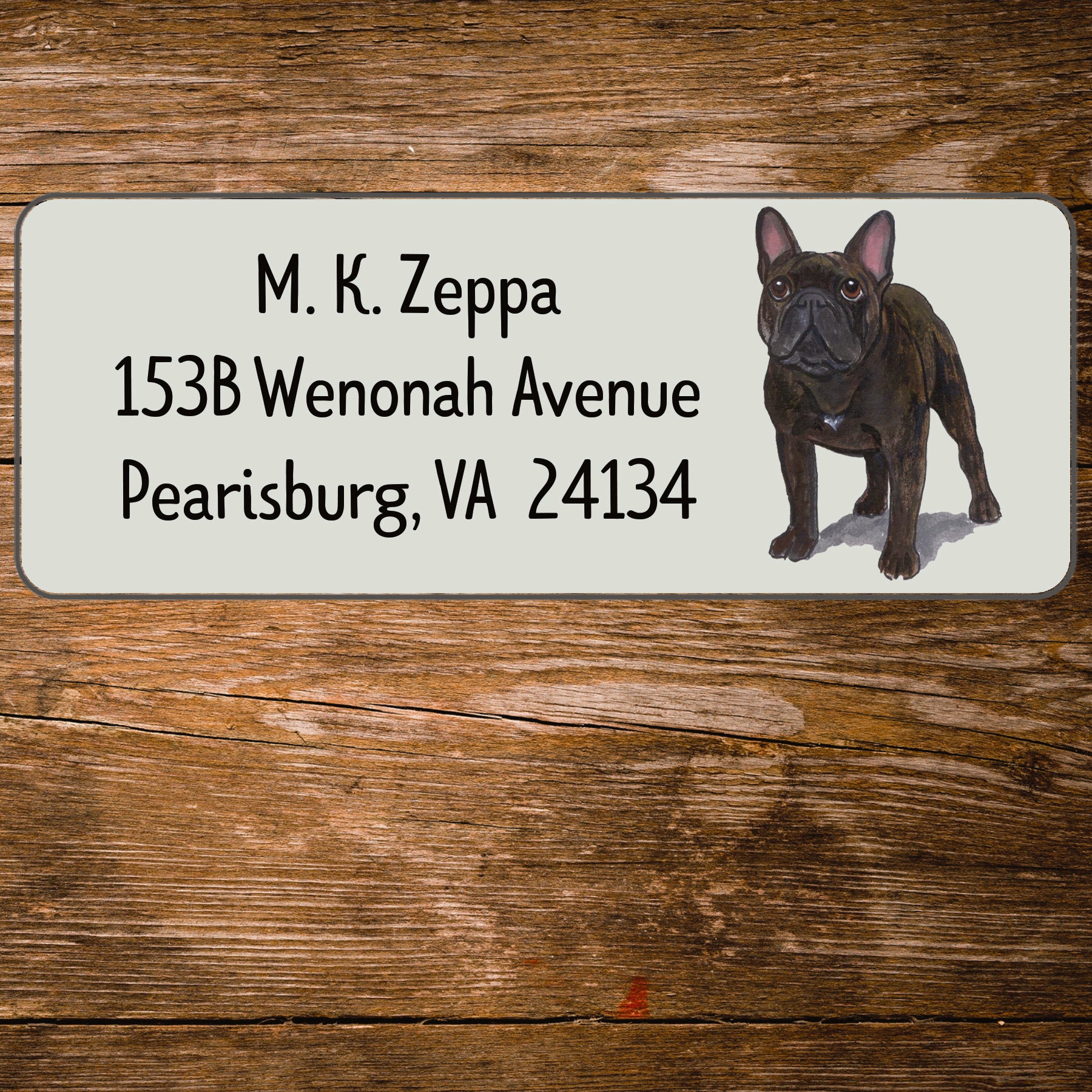 Return address label with a French Bulldog illustration