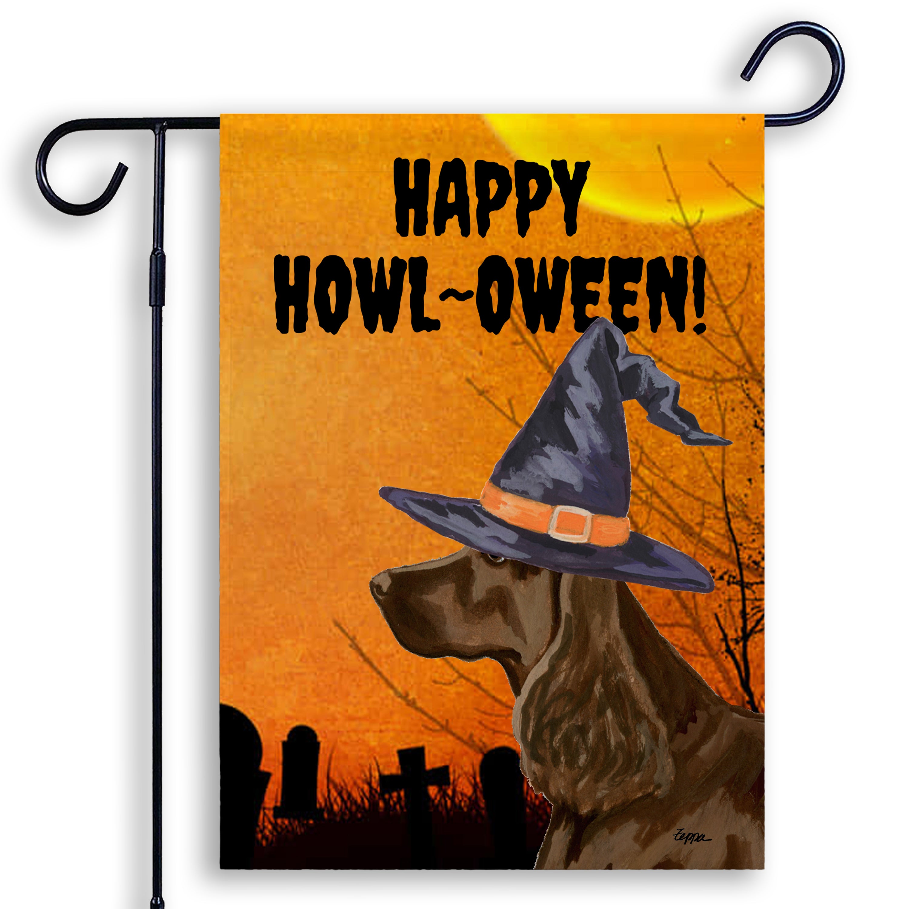 Halloween-themed garden flag with a Field Spaniel wearing a witch hat and 'Happy Howl-Oween!' text on an orange background.