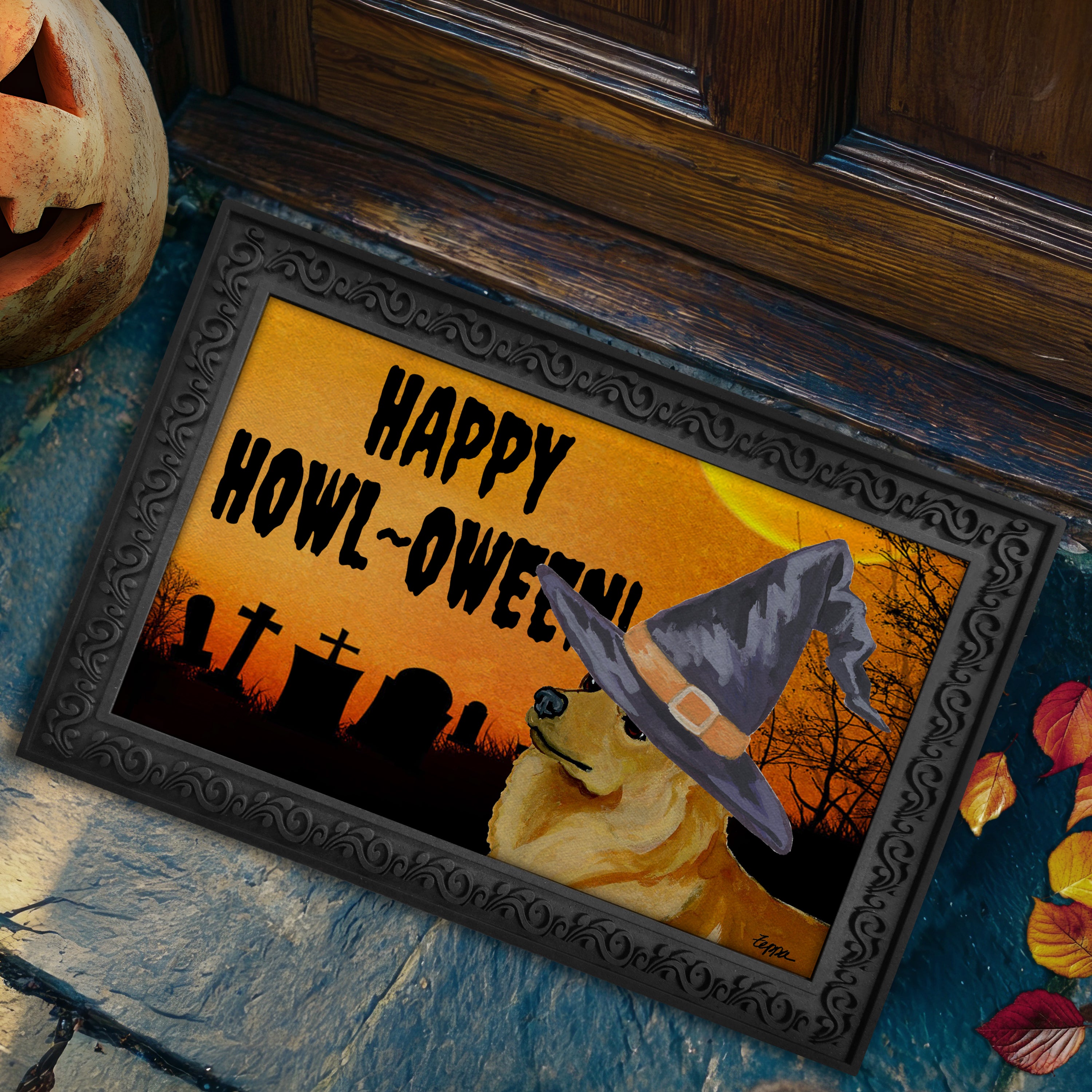 Halloween-themed doormat with a Finnish Spitz wearing a witch hat and 'Happy Howl-Oween!' text, placed on a stone surface.