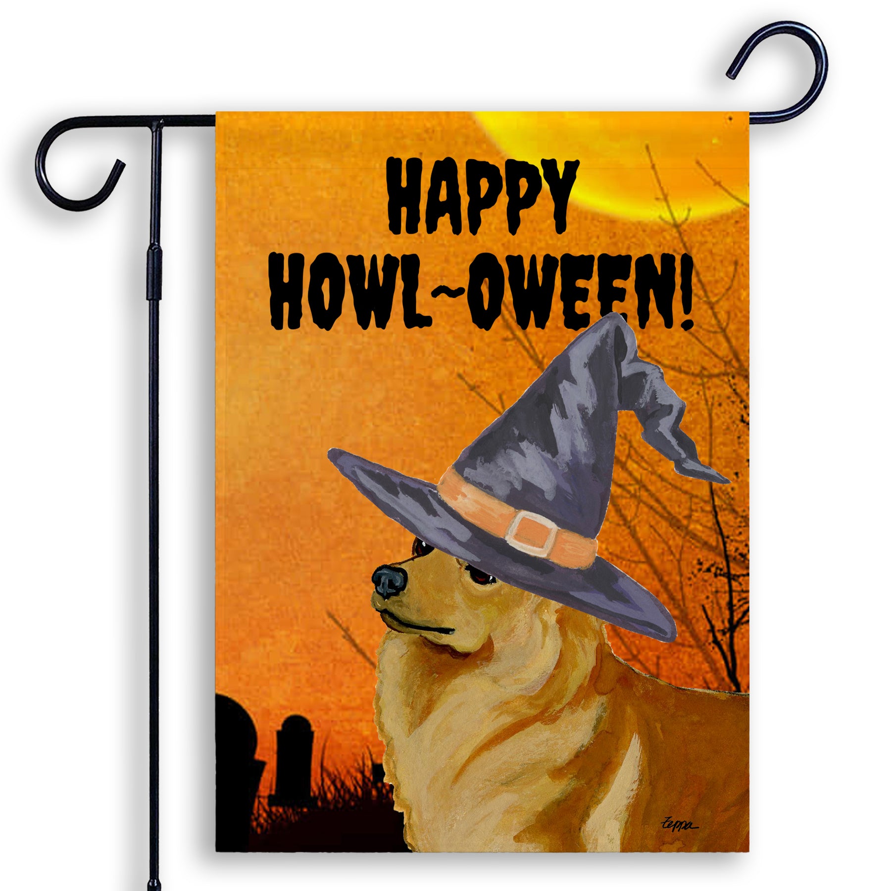 Halloween-themed garden flag with a Finnish Spitz wearing a witch hat and 'Happy Howl-Oween!' text on an orange background.