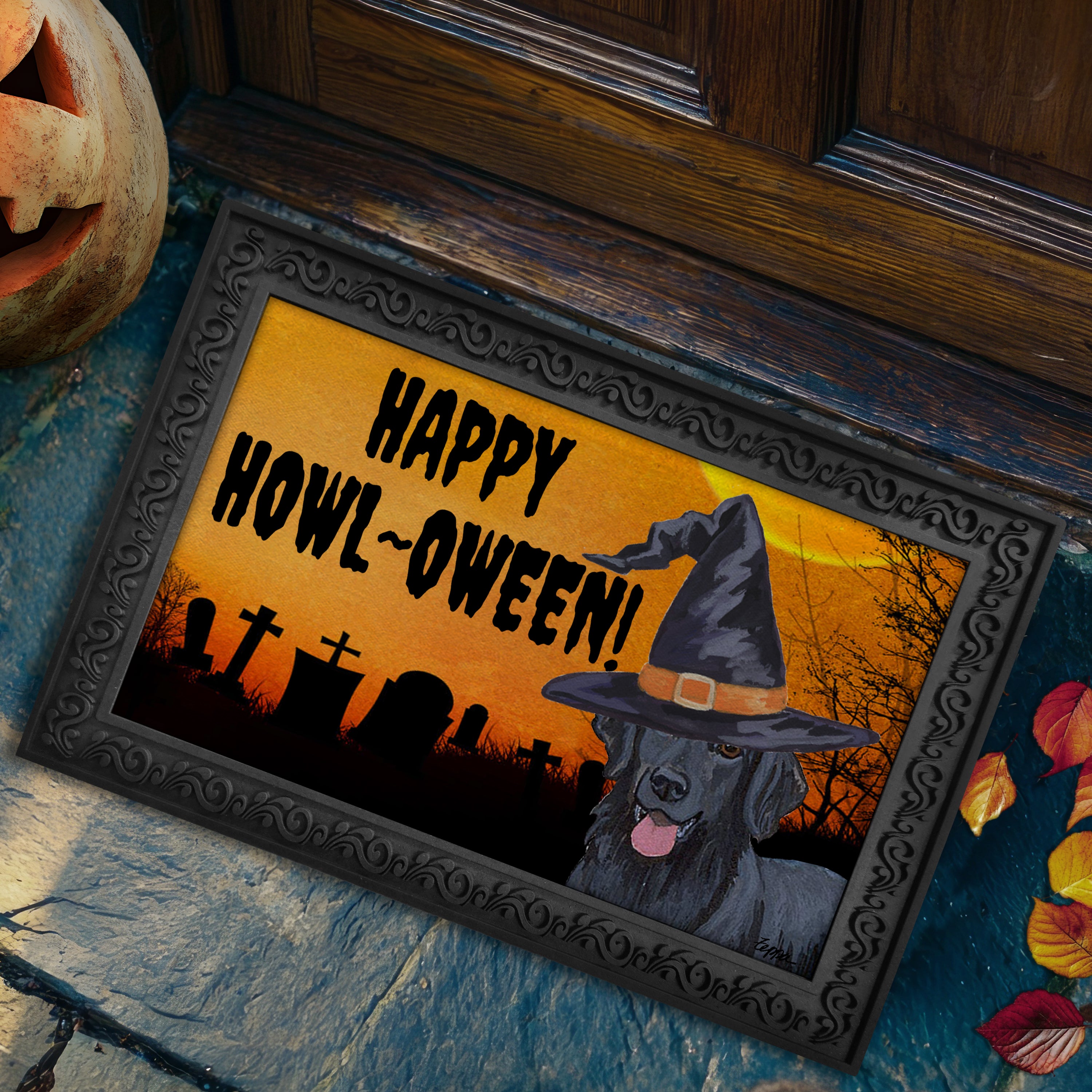 Halloween-themed doormat with a Flat Coated Retriever wearing a witch hat and 'Happy Howl-Oween!' text, placed on a stone surface.