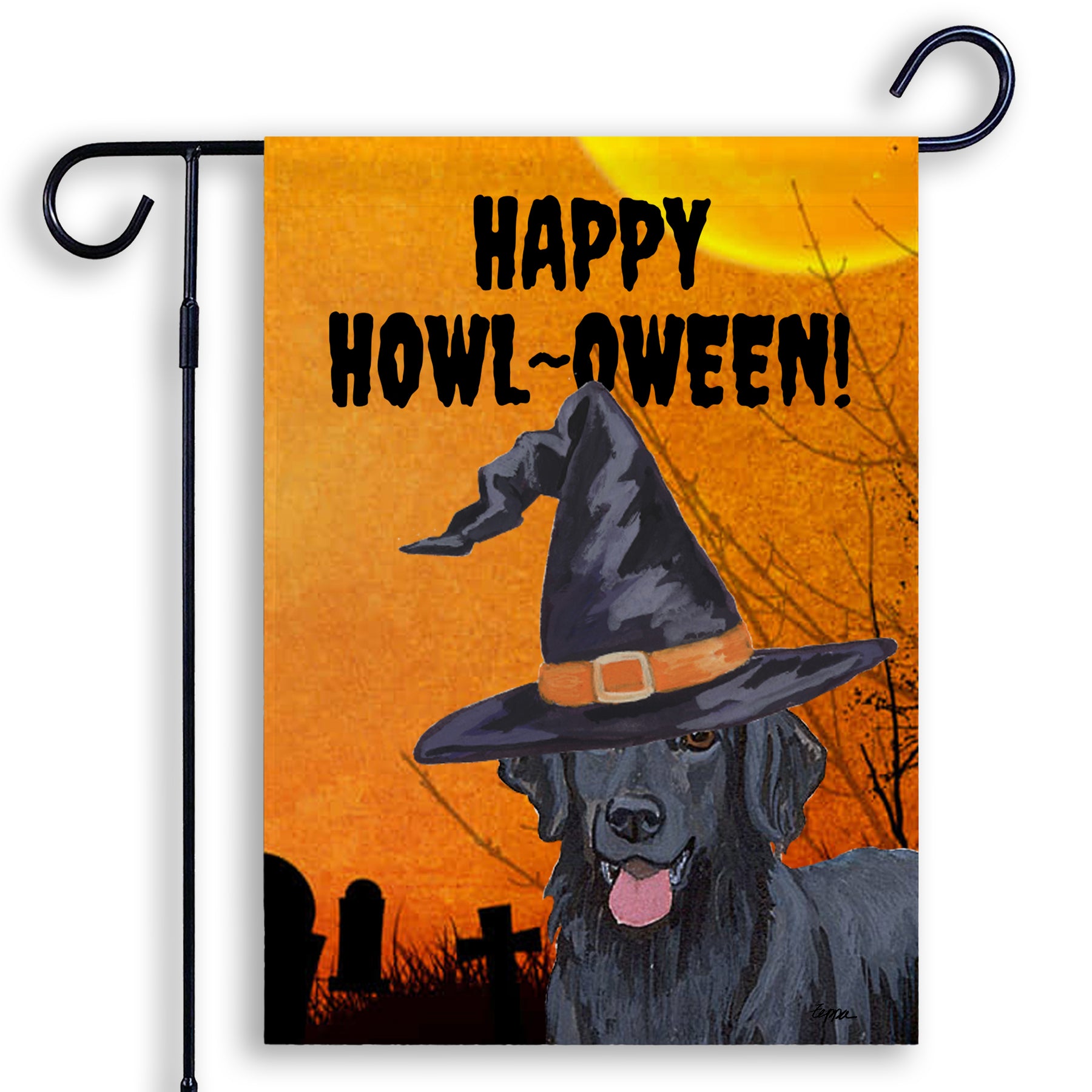 Halloween-themed garden flag with a Flat Coated Retriever wearing a witch hat and 'Happy Howl-Oween!' text on an orange background.