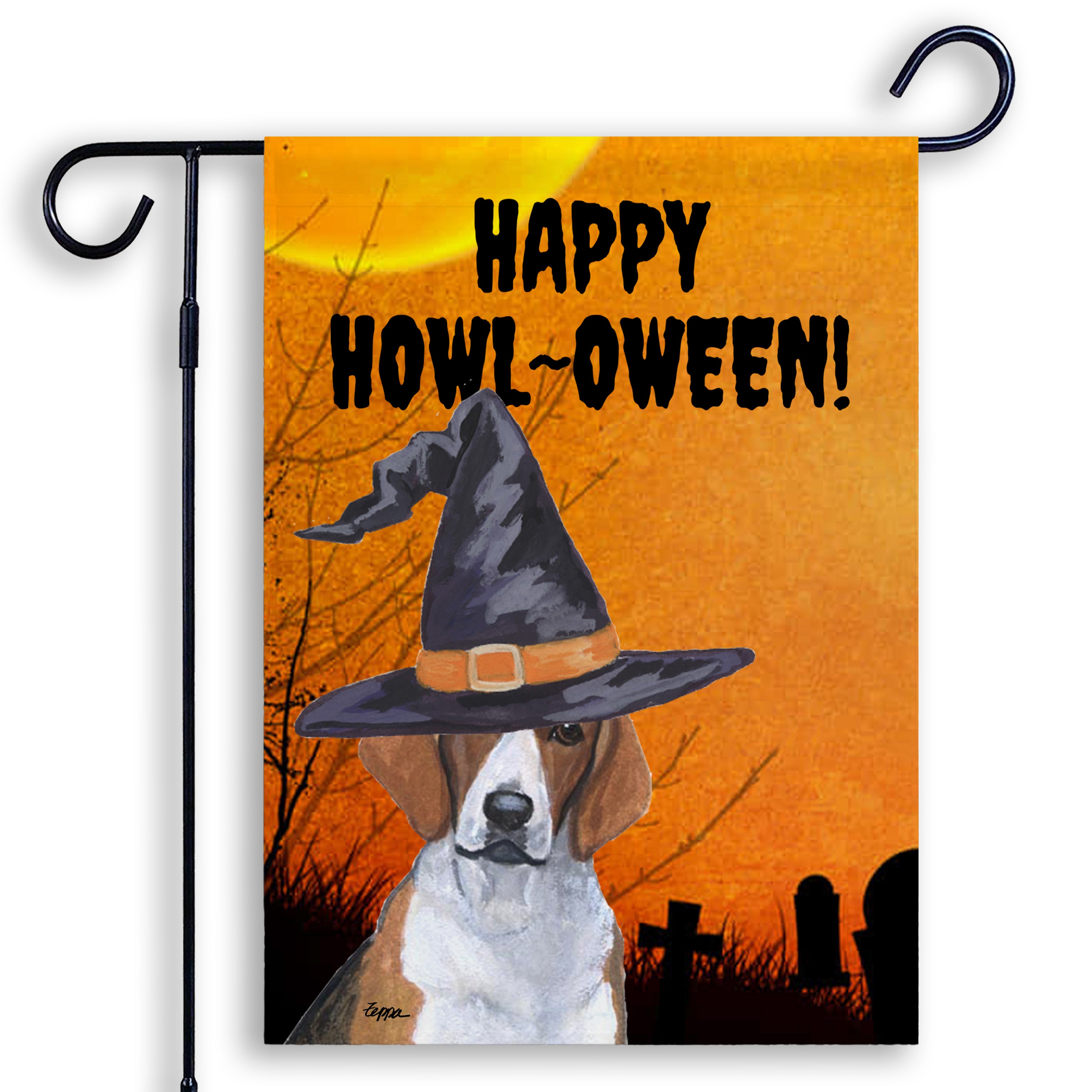 Halloween-themed garden flag with a Foxhound wearing a witch hat and 'Happy Howl-Oween!' text on an orange background.