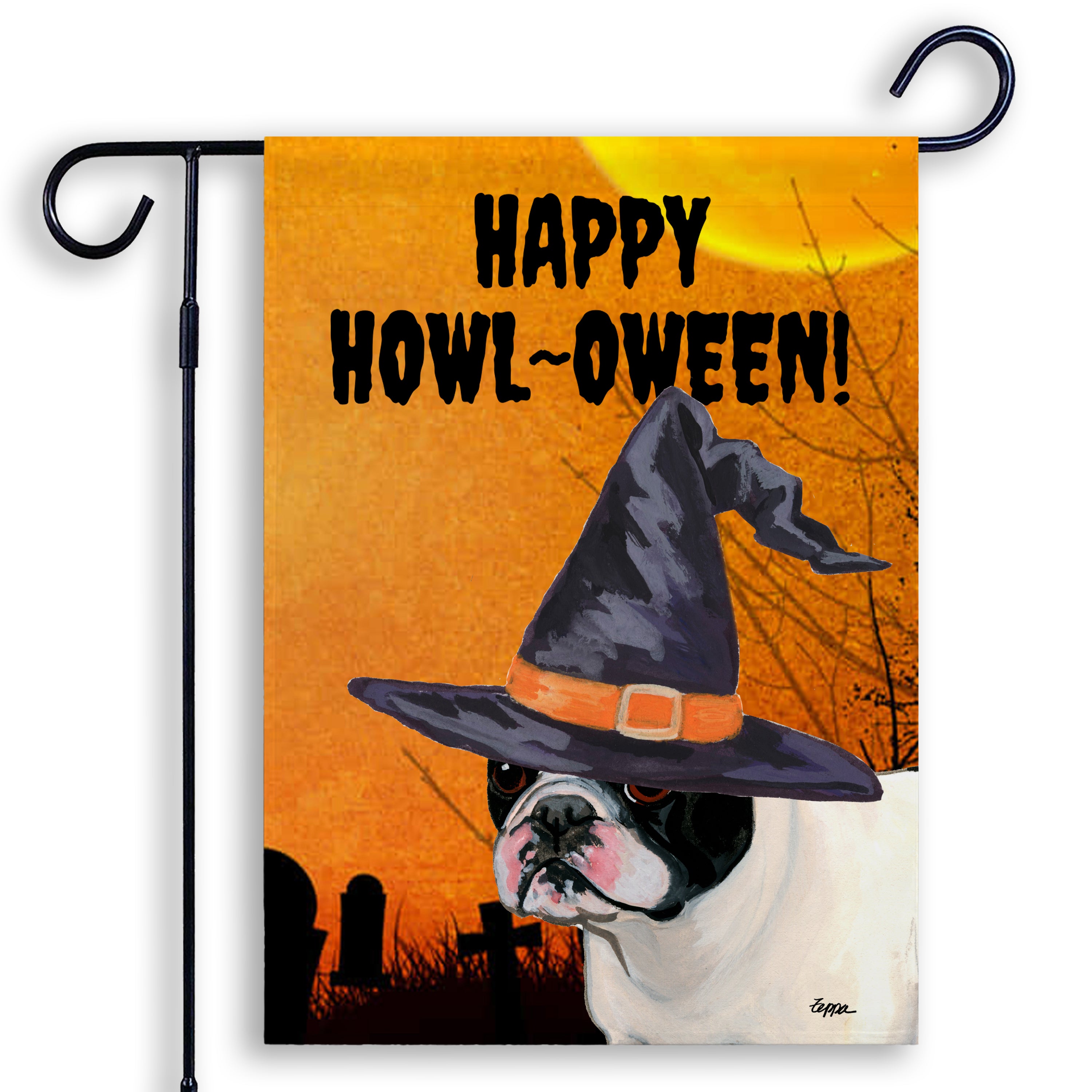 Halloween-themed garden flag with a French Bulldog wearing a witch hat and 'Happy Howl-Oween!' text on an orange background.